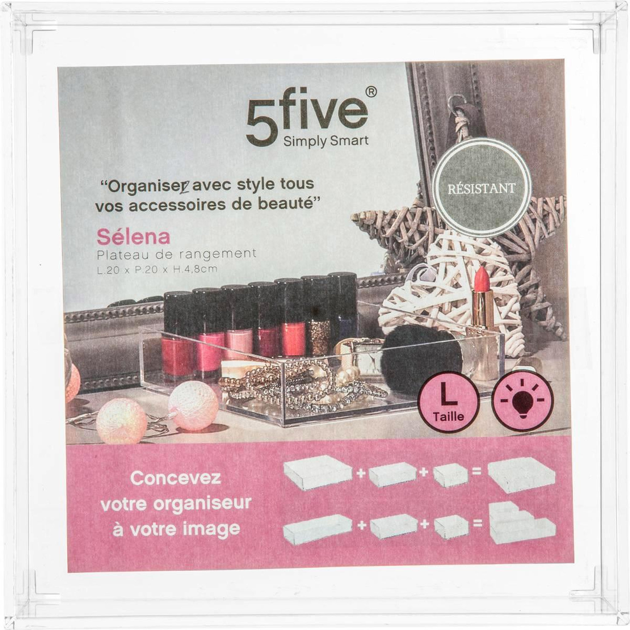 Voir la diapositive 2 : FIVE Plateau de rangement carré  selena  20cm transparent
