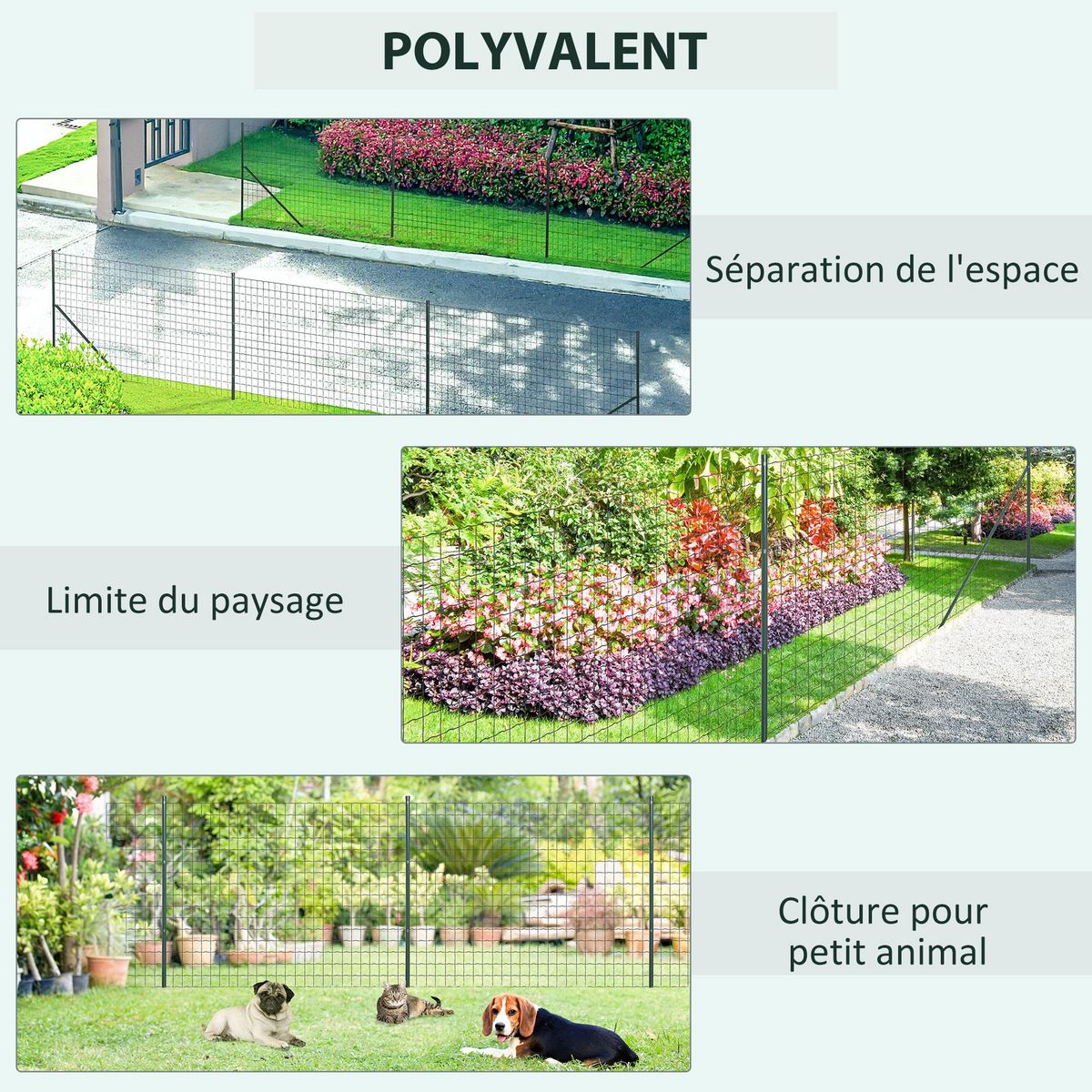 OUTSUNNY Grillage rouleau soudé - maille 7,3L x 6,3l cm - hauteur 2 m - longueur 10 m - poteaux, jambes de force inclus - acier revêtement PVC vert