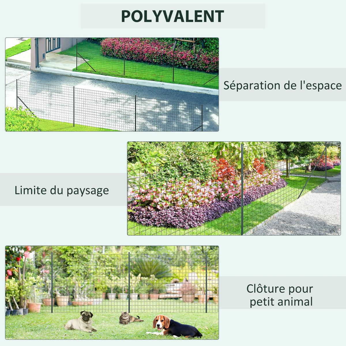 OUTSUNNY Grillage rouleau soudé - maille 7,3L x 6,3l cm - hauteur 2 m - longueur 10 m - poteaux, jambes de force inclus - acier revêtement PVC vert