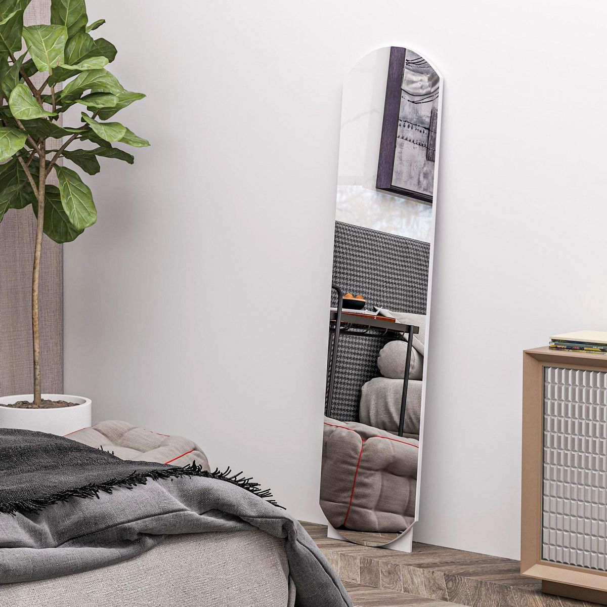 HOMCOM Miroir sur pied ou mural 150 cm avec étagère de rangement, grand miroir arqué pour chambre, entrée ou couloir, blanc