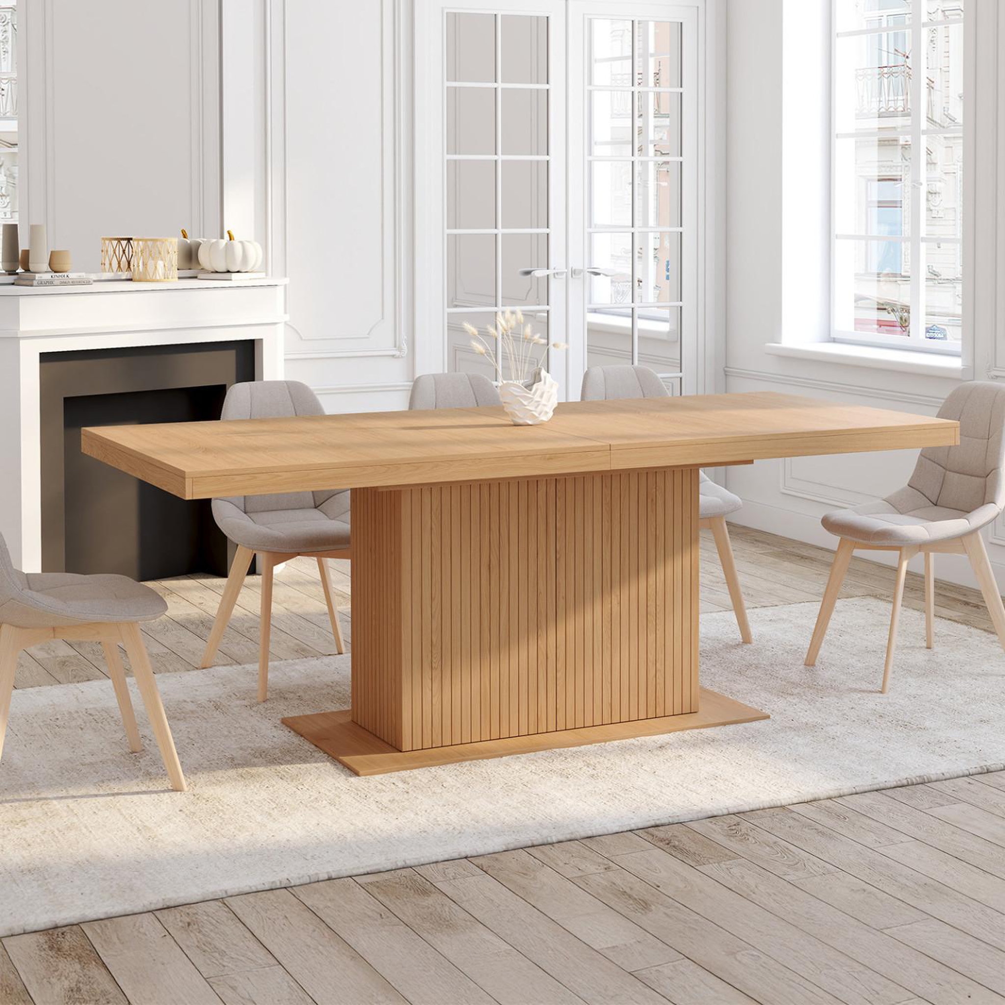 Voir la diapositive 4 : ID MARKET Table à manger extensible rectangle juliette 8-12 personnes pied central effet lattes avec rangement 200-250 cm