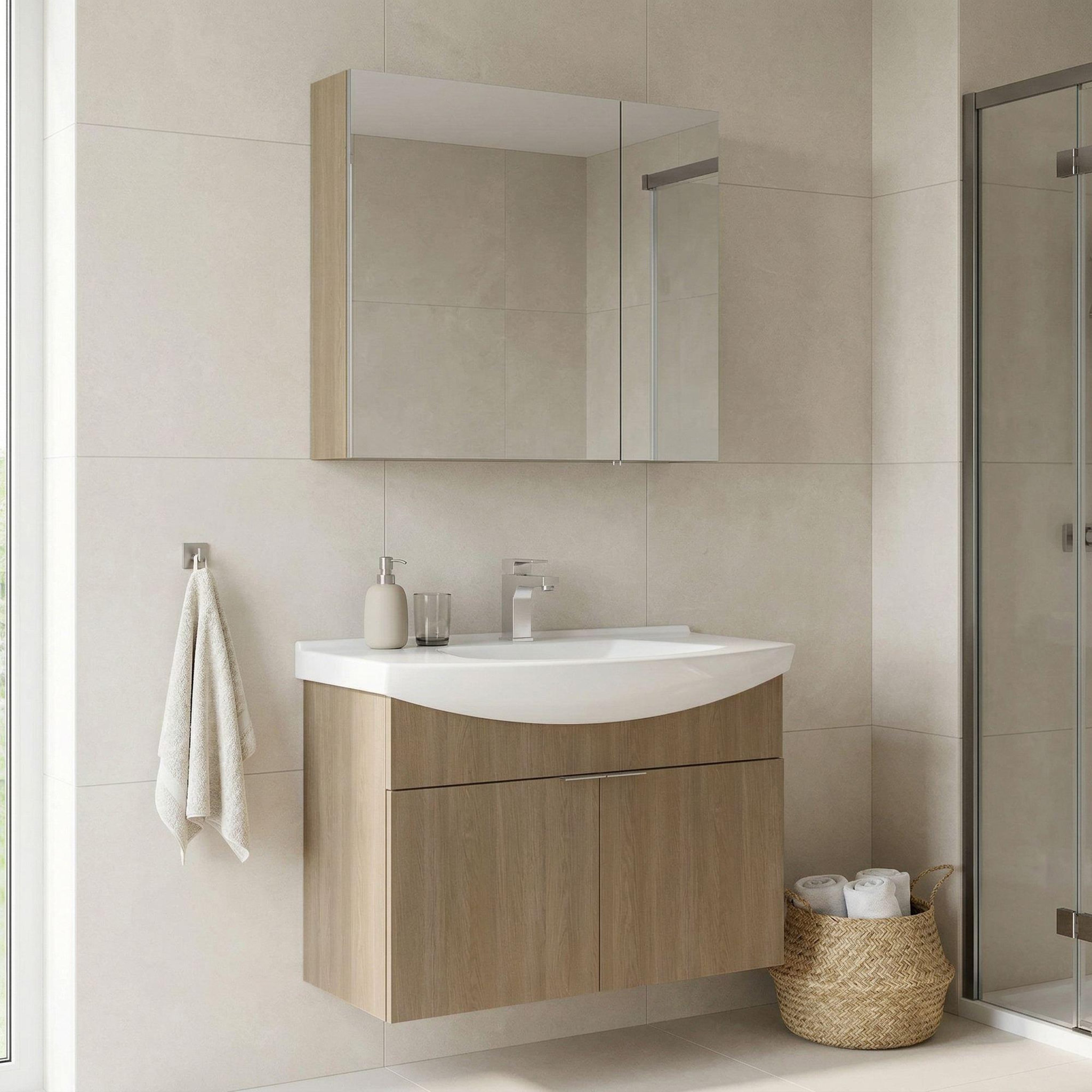 Voir la diapositive 2 : Habitat et Jardin Meuble avec simple vasque et miroir  Purus 80  - 80 x 50 x 58 cm - Oak