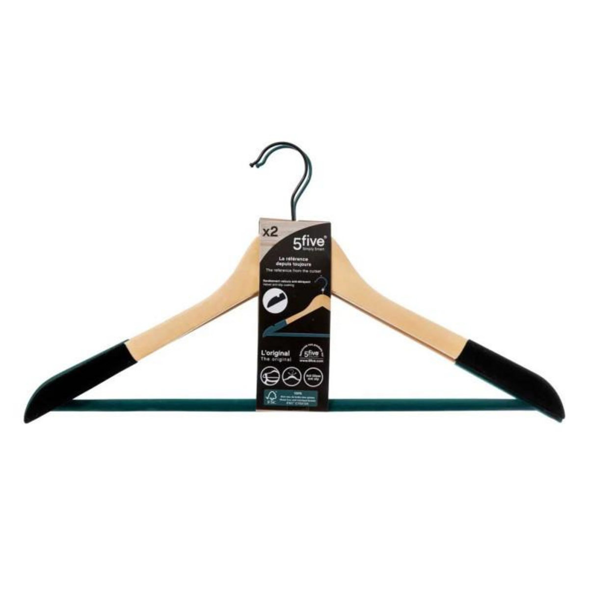 FIVE Lot de 2 Cintres en Bois  Velours  44cm Naturel