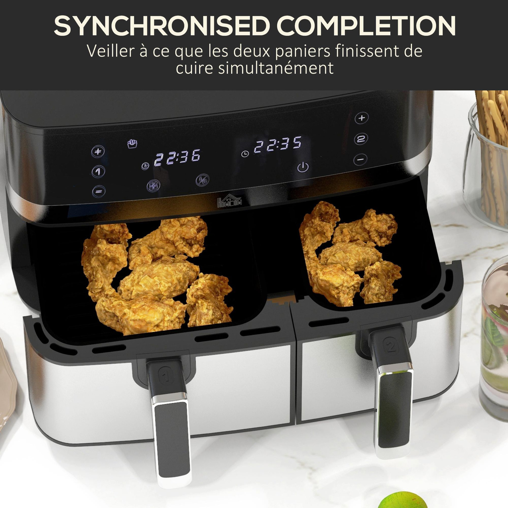 Voir la diapositive 4 : HOMCOM Friteuse à air 2700W - air fryer - double compartiment 8,5L - 8 programmes, température réglable, timer, 2 paniers - noir