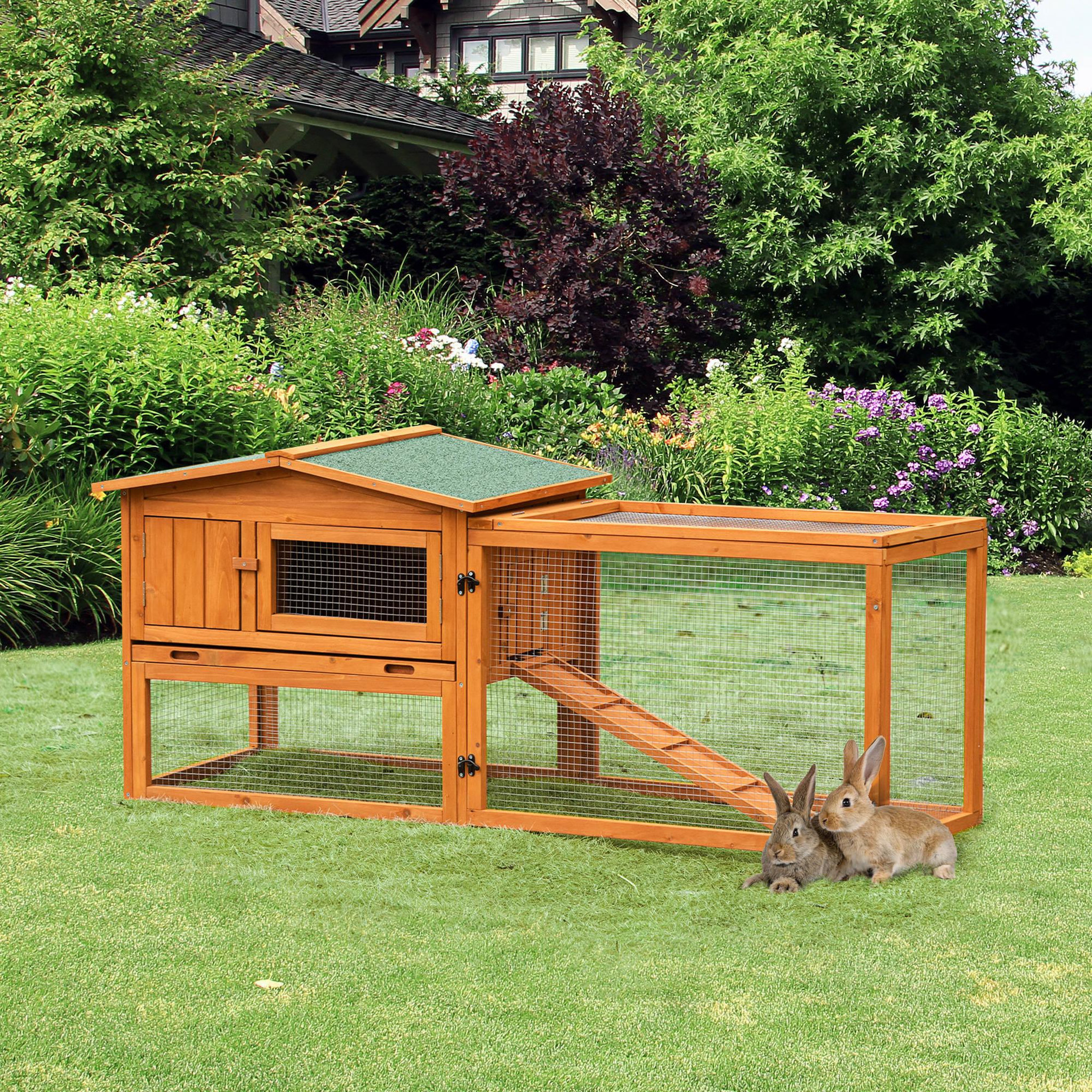 Voir la diapositive 2 : PAWHUT Clapier cage à lapins rongeurs 2 étages tiroir déjection enclos extérieur toit ouvrant dim. 156L x 58l x 68H cm bois sapin pré-huilé