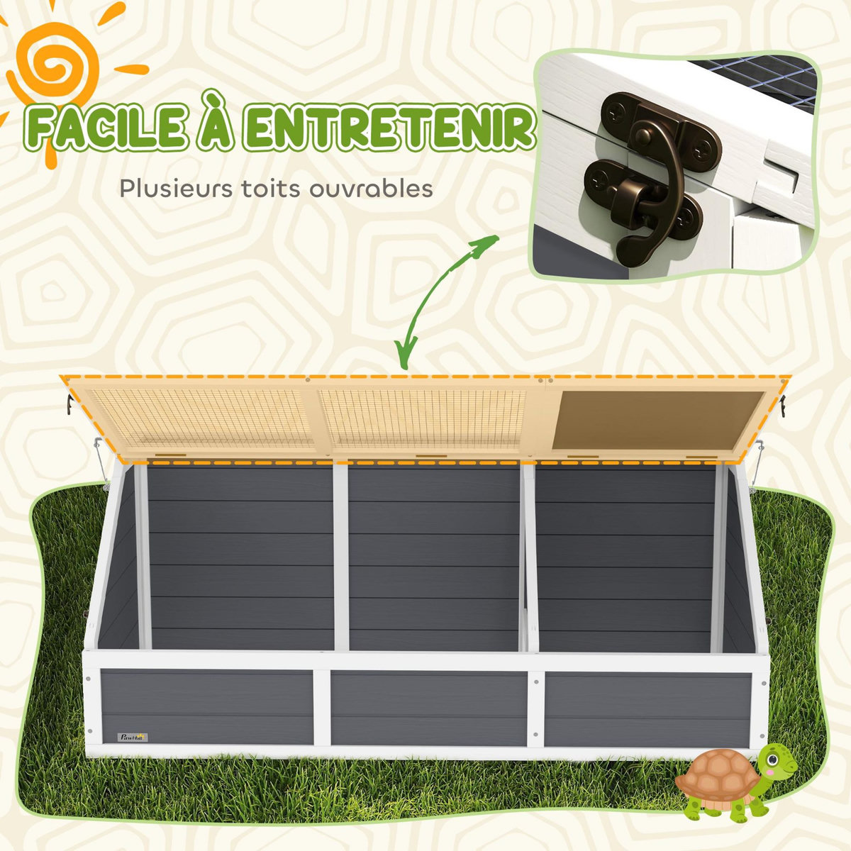 PAWHUT Maison enclos pour tortues - espace niche et enclos - porte haute verrouillable - bois blanc gris
