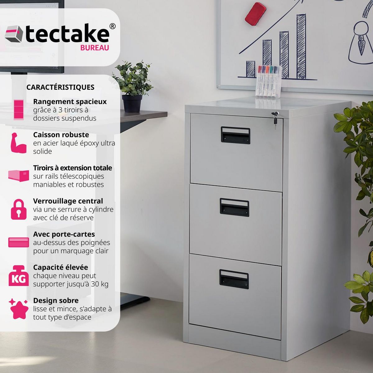 tectake Armoire de classement en métal en acier lâqué époxy gris