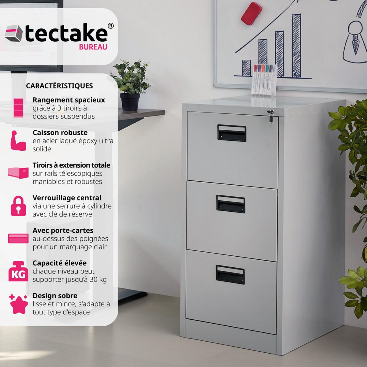 tectake Armoire de classement en métal en acier lâqué époxy gris