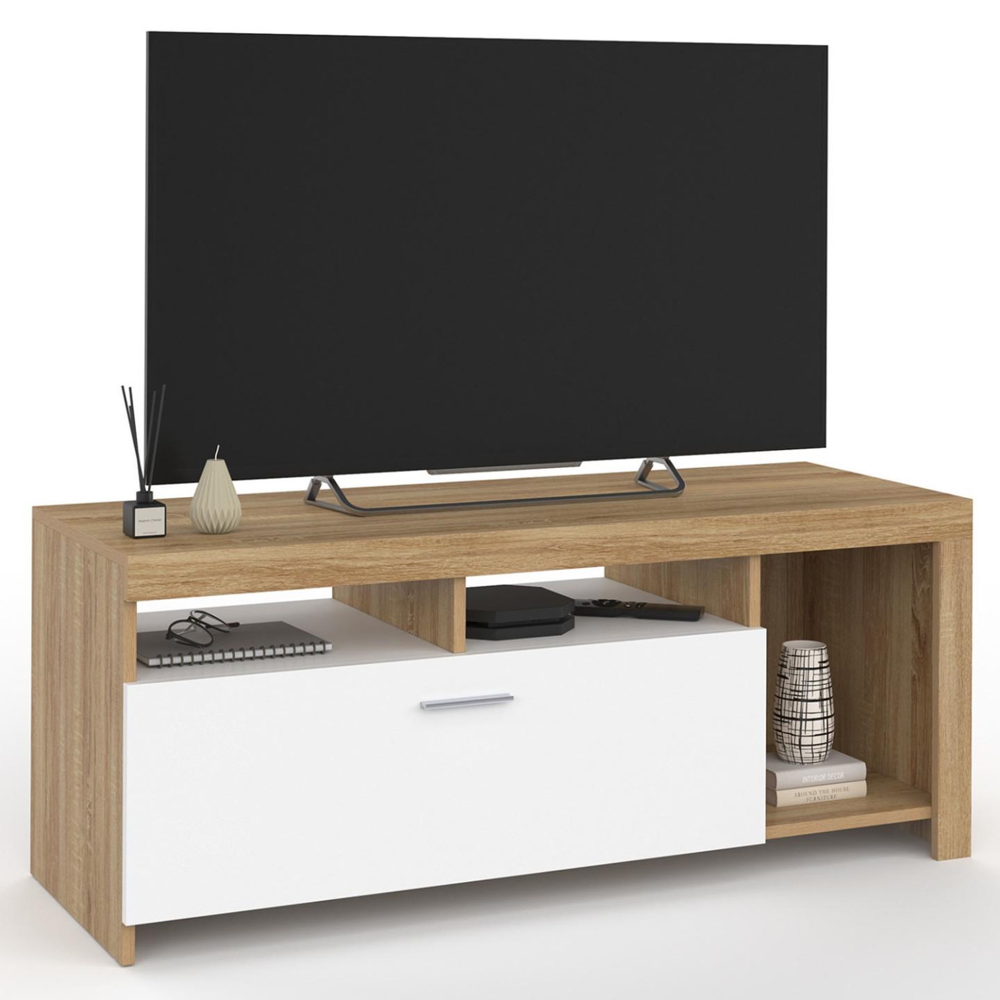 ID MARKET Meuble tv 110 cm malo bois et placard blanc