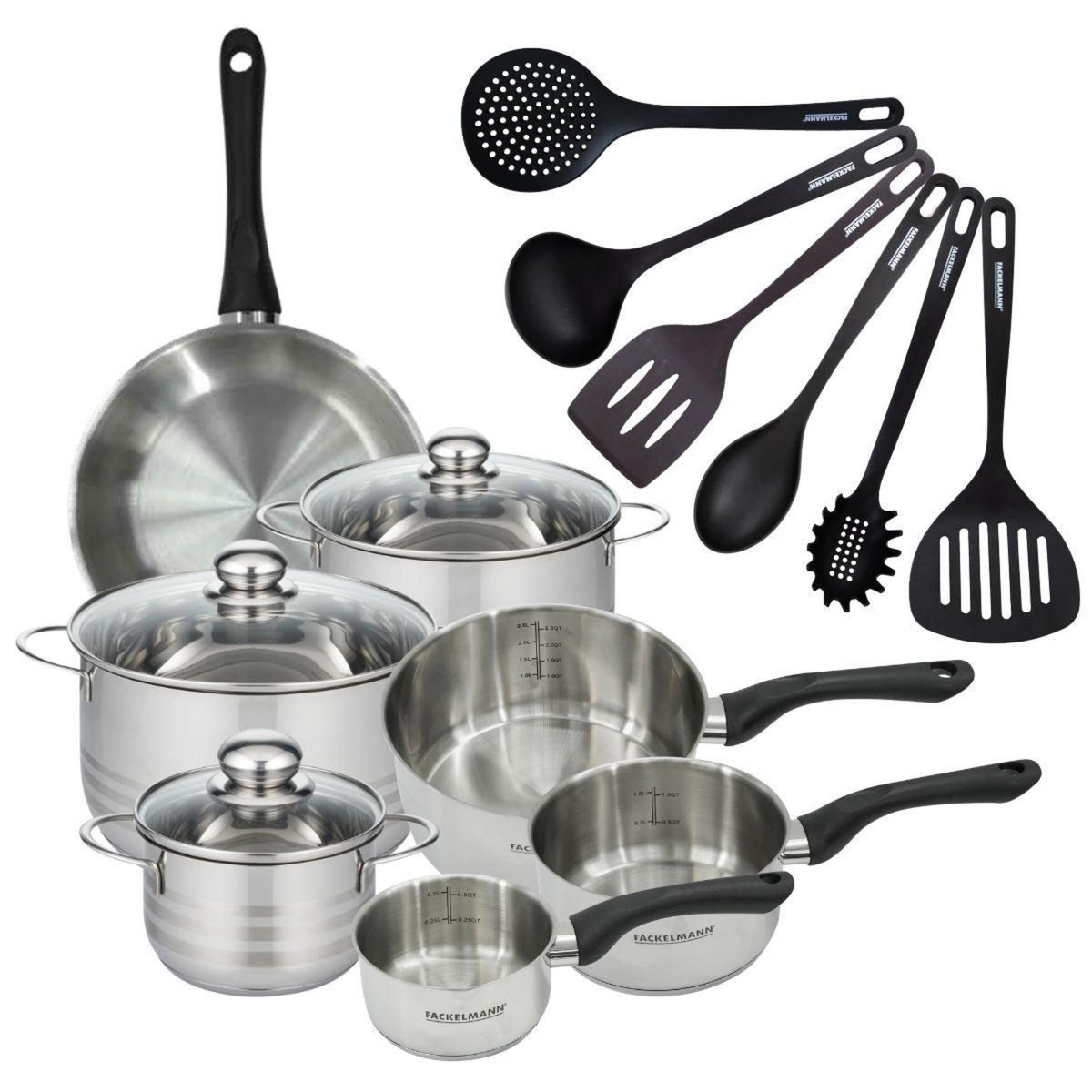 Fackelmann Set 1 poêle 24 cm 3 casseroles 12 16 20 cm, 3 faitouts 16, 20 et 24 cm en inox et 6 ustensiles RPET Fackelmann Geneva