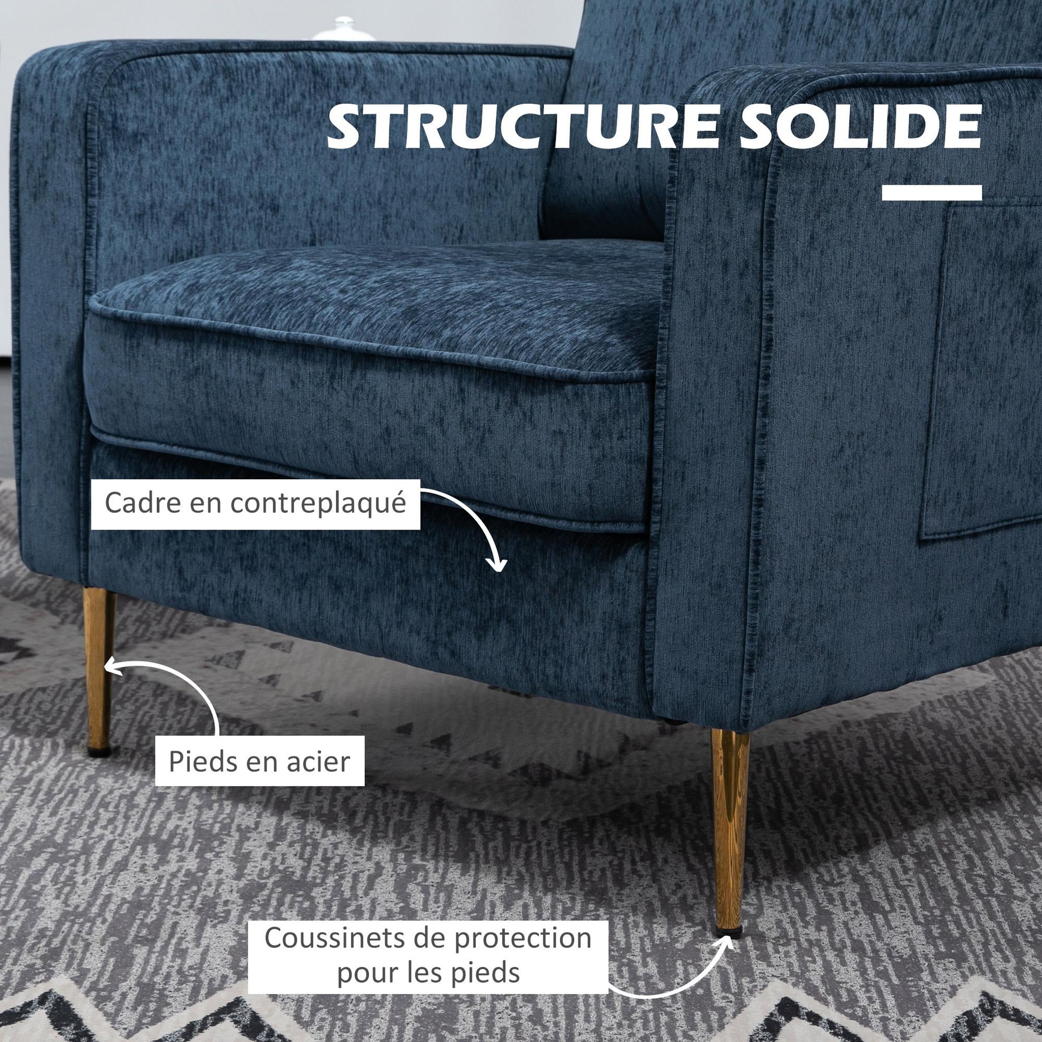 Voir la diapositive 6 : HOMCOM Fauteuil style art déco piètement métal doré tissu bleu