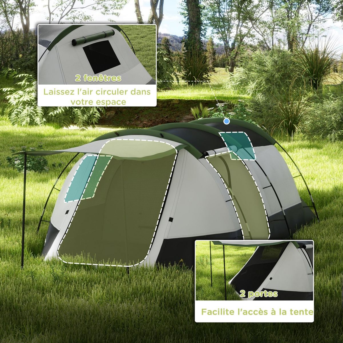 OUTSUNNY Tente de camping familiale 3-4 pers. - tente tunnel porche étanche 2000 mm - sac de transport inclus - gris