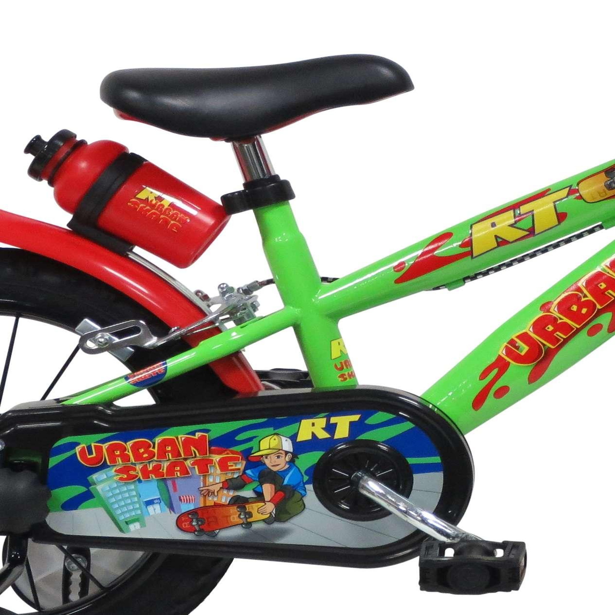 Voir la diapositive 3 : Vélo enfant 14'' - Modèle Urban Skate pour enfant de 95 à 110 cm avec stabilisateurs - Plaque décorative avant - Porte bidon & Bidon - 2 freins & Roues gonflables