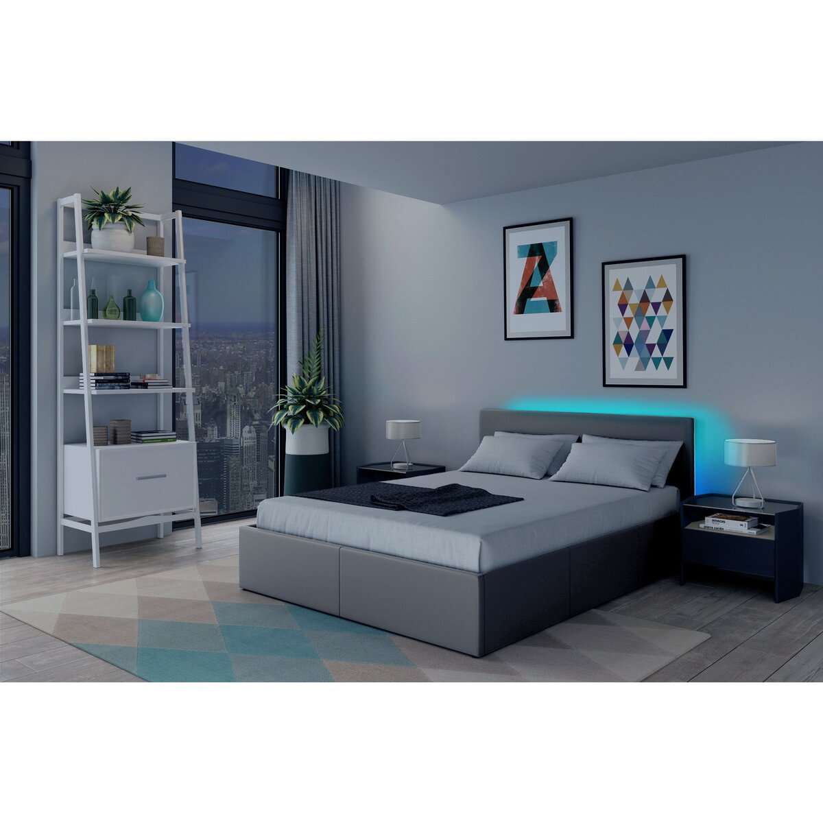 Lit coffre 140x190 cm avec sommier à lattes et tête de lit LED WILLOW