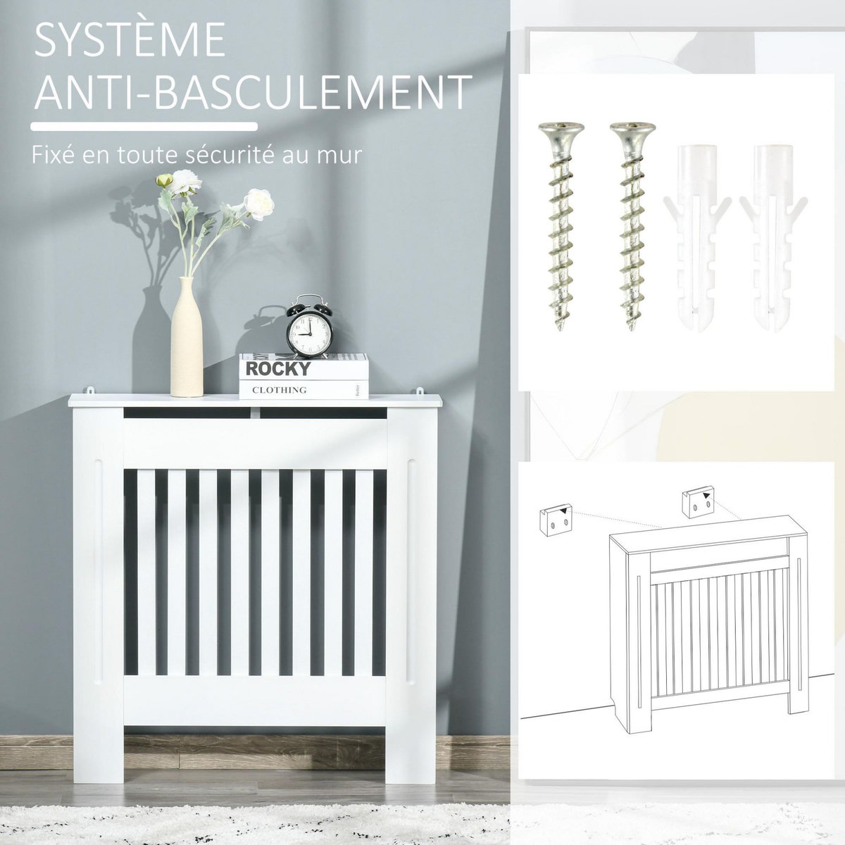 HOMCOM Cache-radiateur design panneau - grille d'aération verticale à lattes - dim. 78L x 19l x 81H cm - MDF blanc