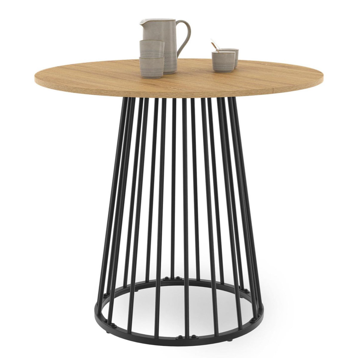 ID MARKET Table à manger ronde YUNA 4 personnes plateau bois et pied filaire en métal noir 80 cm