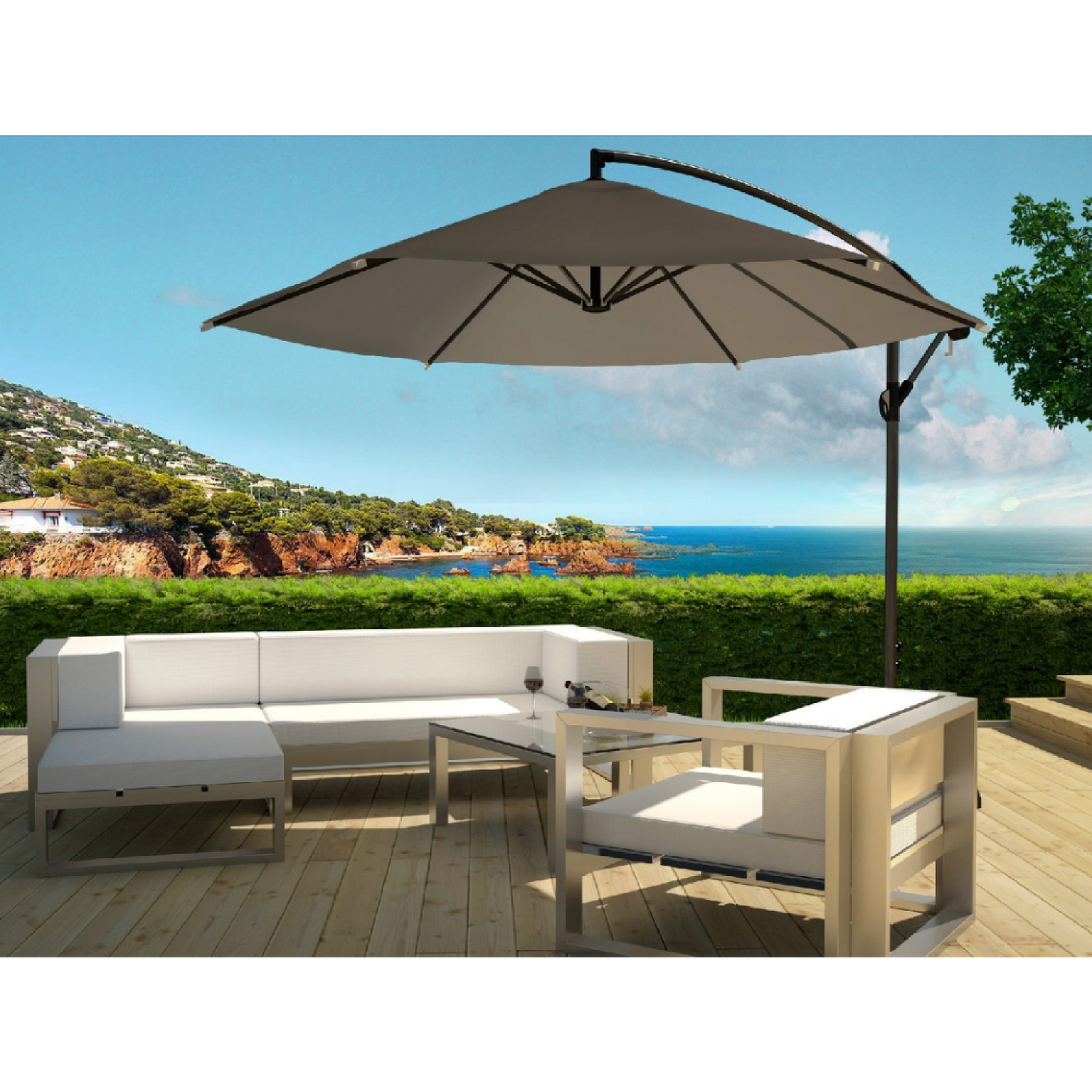 Voir la diapositive 2 : CONCEPT USINE Parasol  gris déporté rond 3 x 3 m PORTICCIO