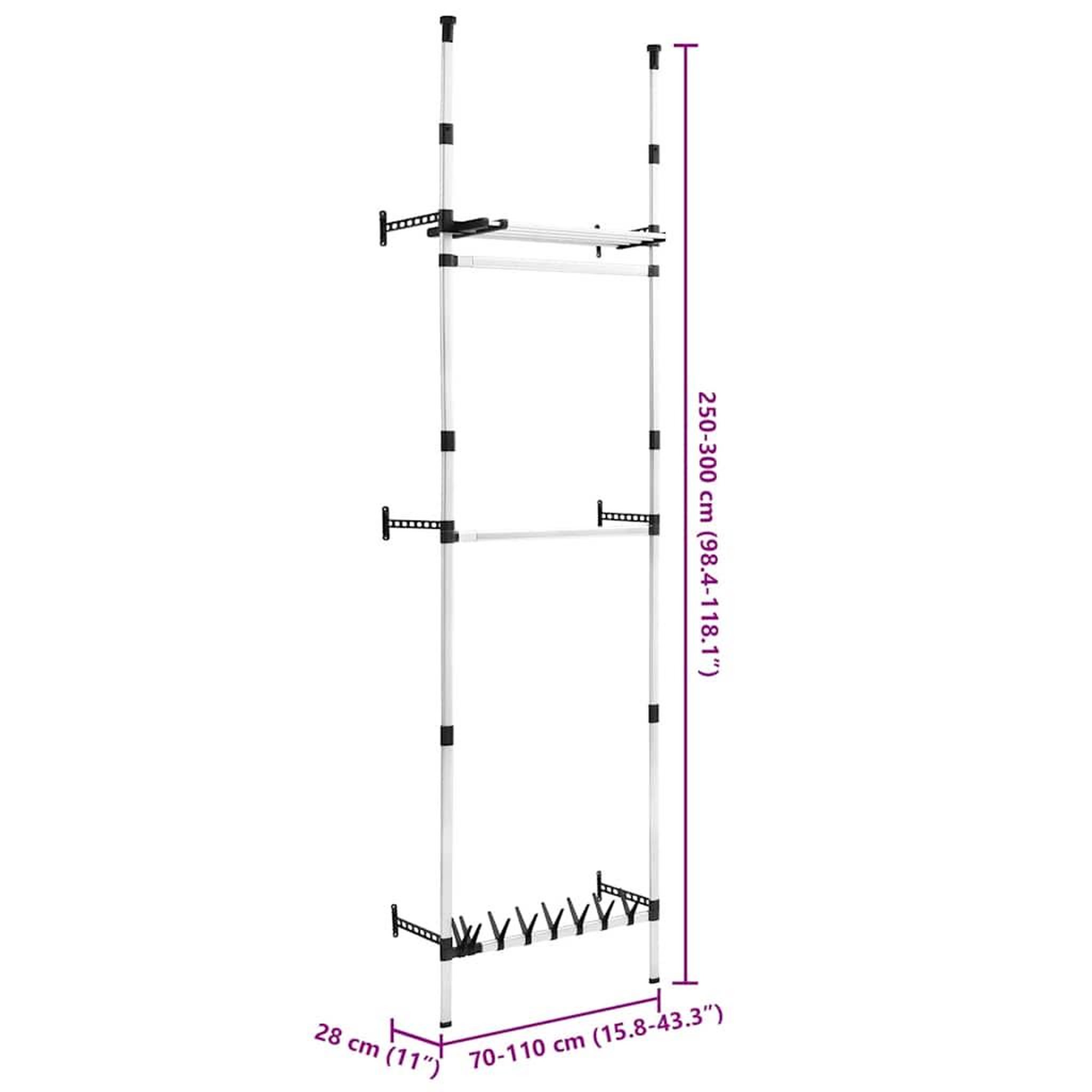 Voir la diapositive 6 : VIDAXL Systeme de garde-robe telescopique barres et etagere aluminium