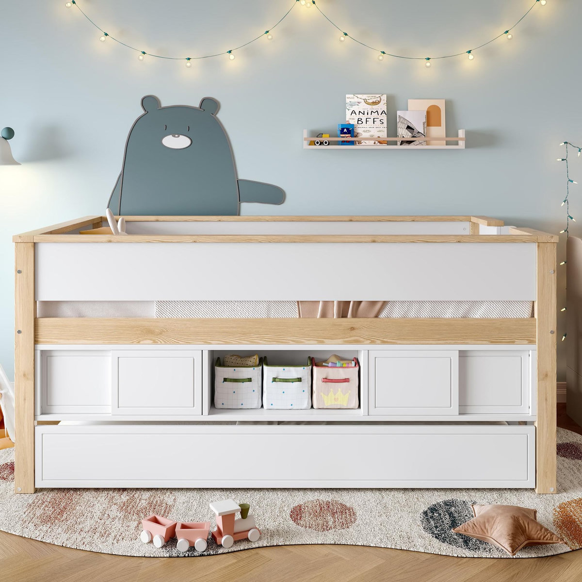MERAX Lit enfant mi hauteur 90x200 cm coloris blanc+naturel pin