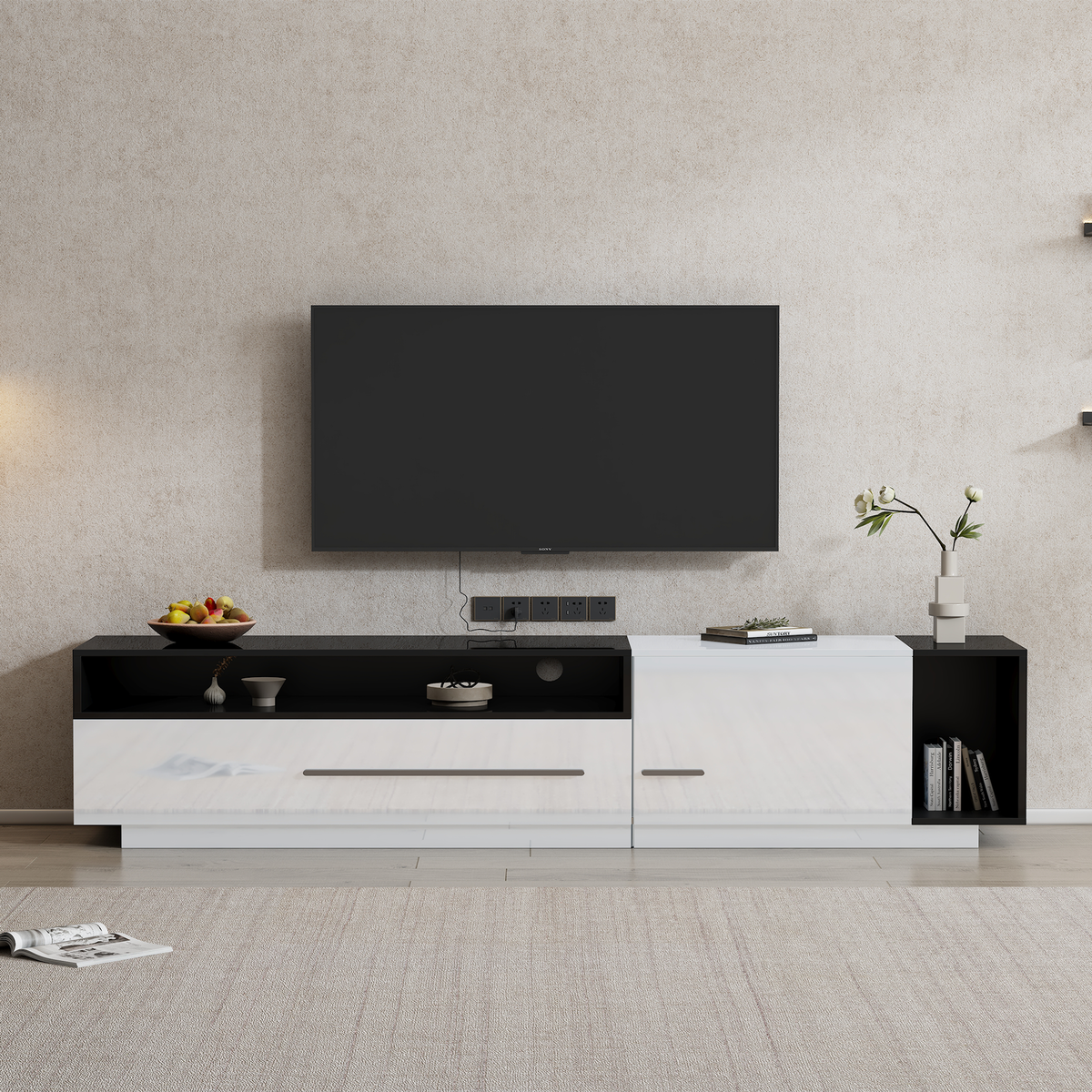 MERAX Meuble tv blanc+noir 170 cm panneau de particules
