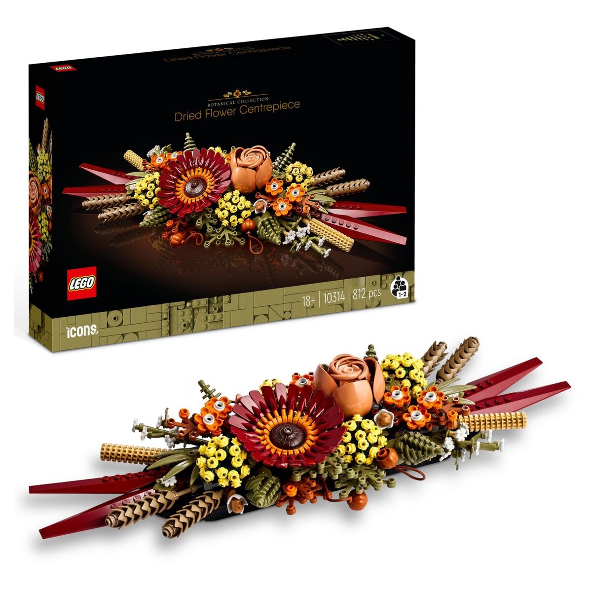 LEGO Icons 10314 Le centre de table Fleurs séchées, Plantes Artificielles avec Rose et Gerbera, Décoration de Maison, Botanical Collection, Cadeau pour Adultes, édition 2023