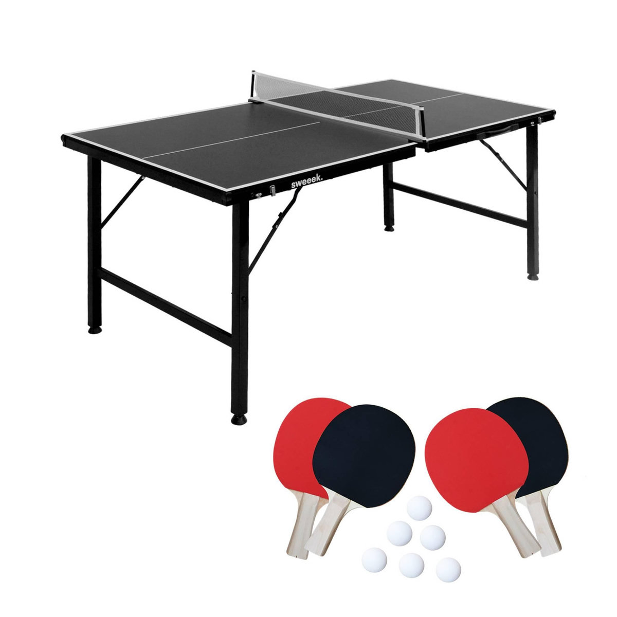 SWEEEK Mini table de ping pong pliable 150x75cm INDOOR, avec 4 raquettes et 6 balles, pour utilisation intérieure