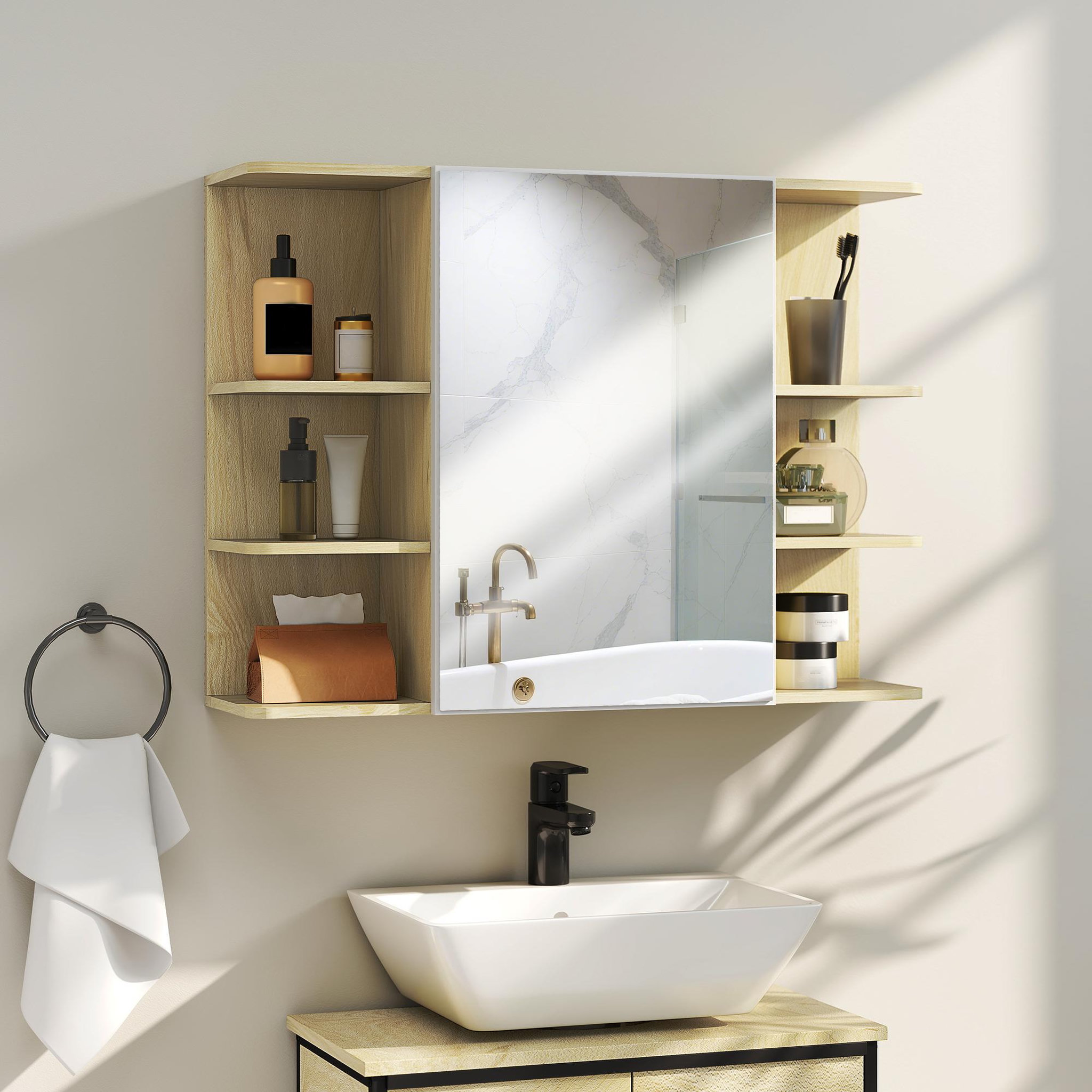 Voir la diapositive 2 : HOMCOM Armoire miroir murale salle de bain - porte, étagère, 2x3 tablettes latérales - 80 x 20 x 59 cm - effet bois clair
