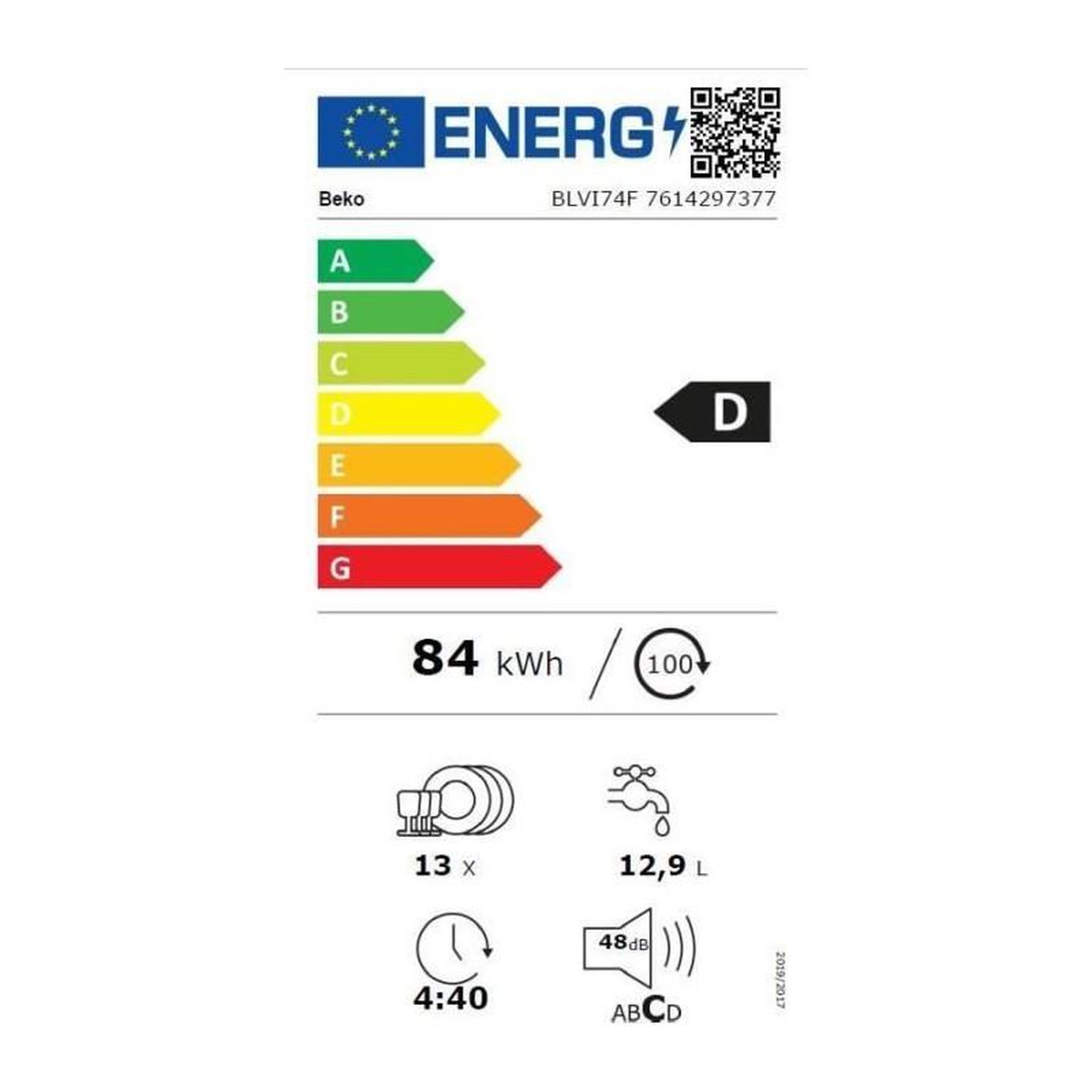 Voir la diapositive 4 : Beko Lave-vaisselle tout intégrable 13 couverts 48dB 60cm Blanc – Beko BLVI74F