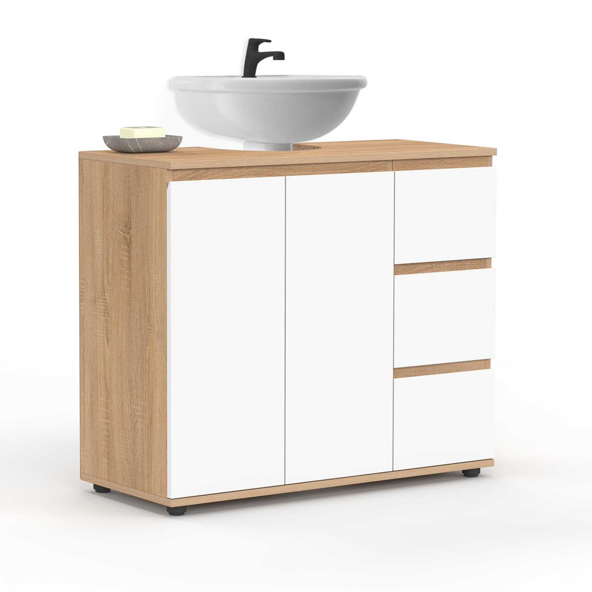 ID MARKET Meuble sous lavabo salle de bain TOMI avec placard et 3 tiroirs façon hêtre et blanc