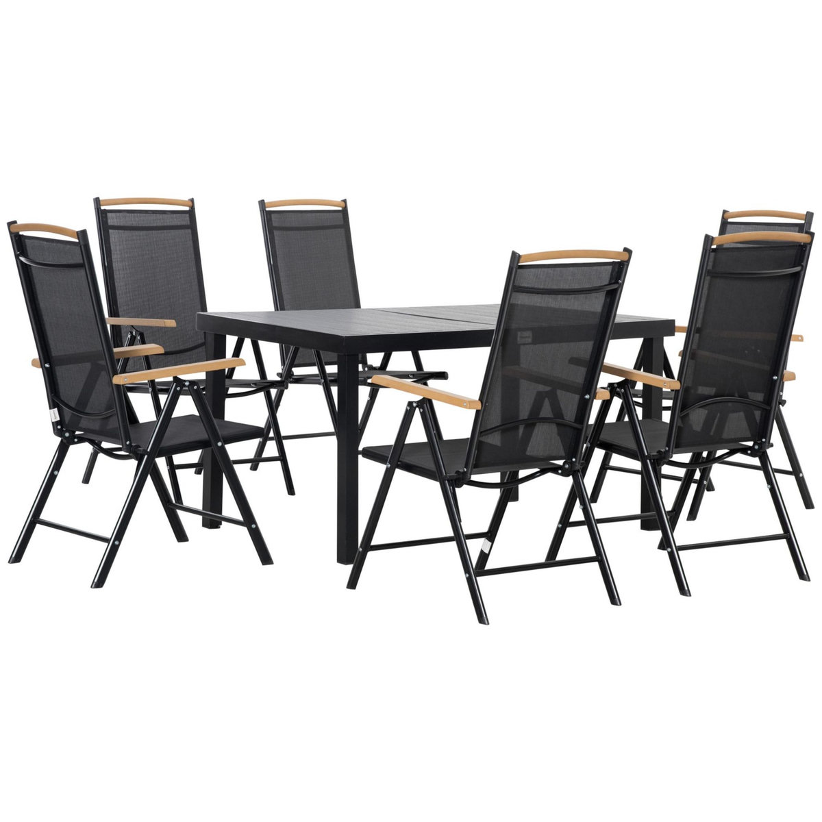 OUTSUNNY Ensemble table de jardin 6 personnes - chaises pliables inclinables accoudoirs - alu textilène noir plastique effet bois