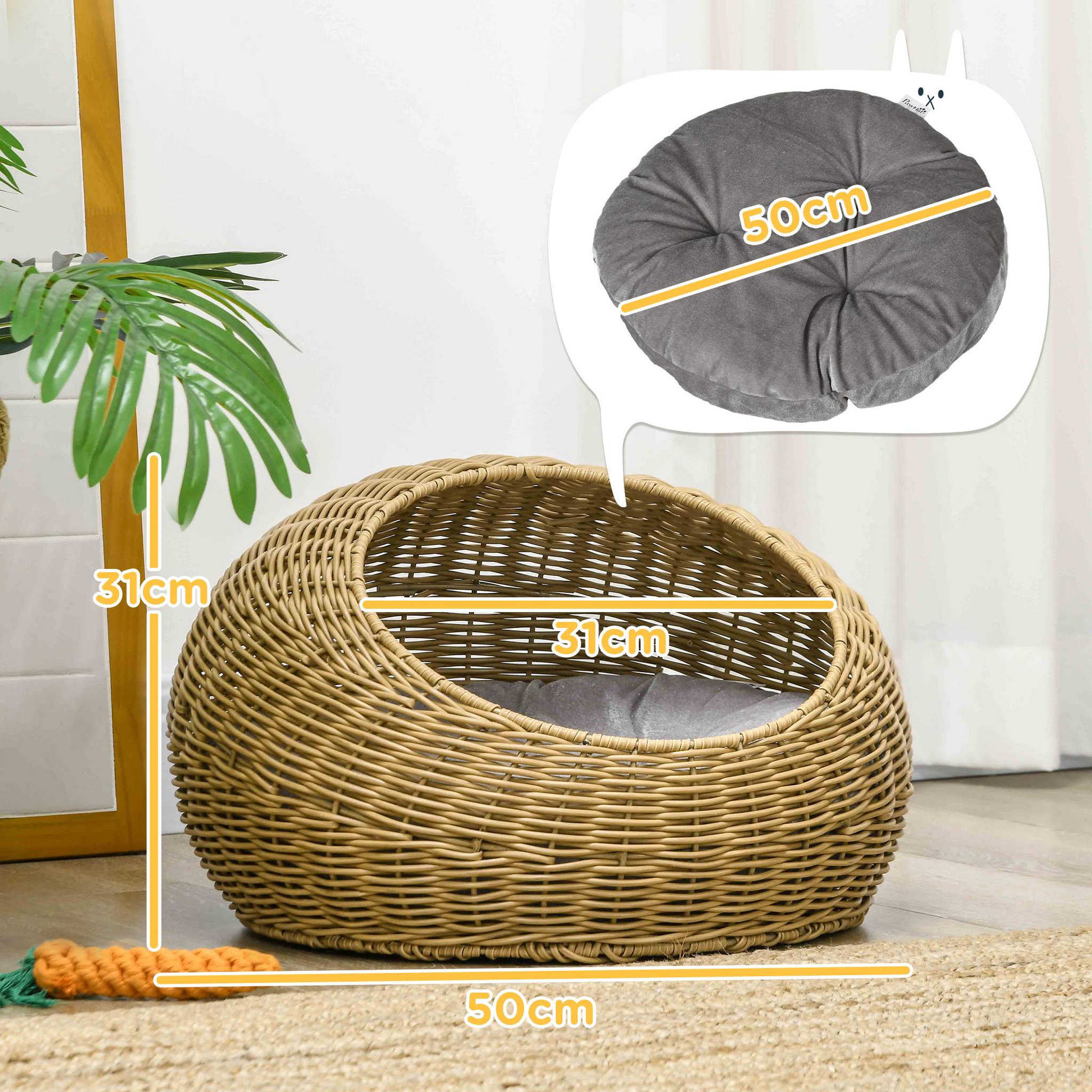 Voir la diapositive 3 : PAWHUT Niche pour chat lit pour chat panier de chat en résine tressée imitation rotin coussin doux déhoussable ø 50 x 31h cm marron clair