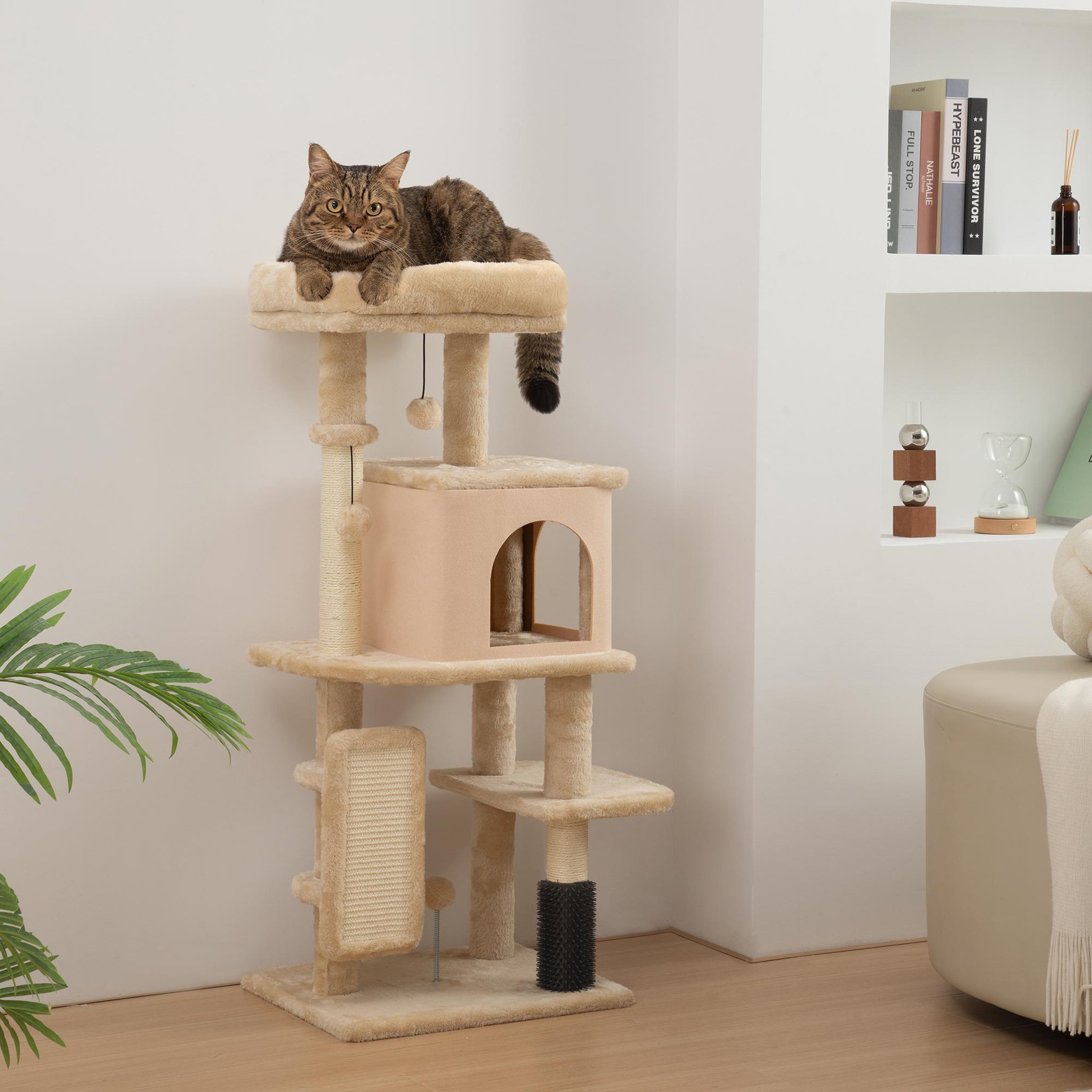 Voir la diapositive 6 : PAWHUT Arbre à chat h.104 cm - griffoir, grattoir, bande massante, jeux boules, niche, plateforme observation - beige