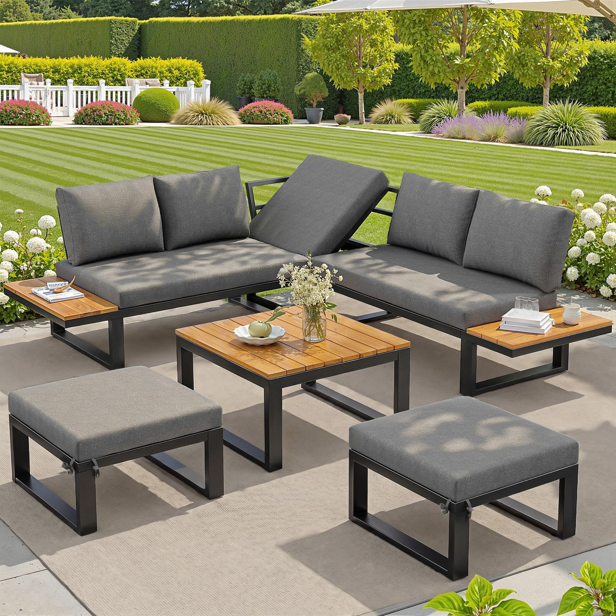 MERAX Salon de jardin 7 places avec, canapé angle, dossier réglable, poufs et table