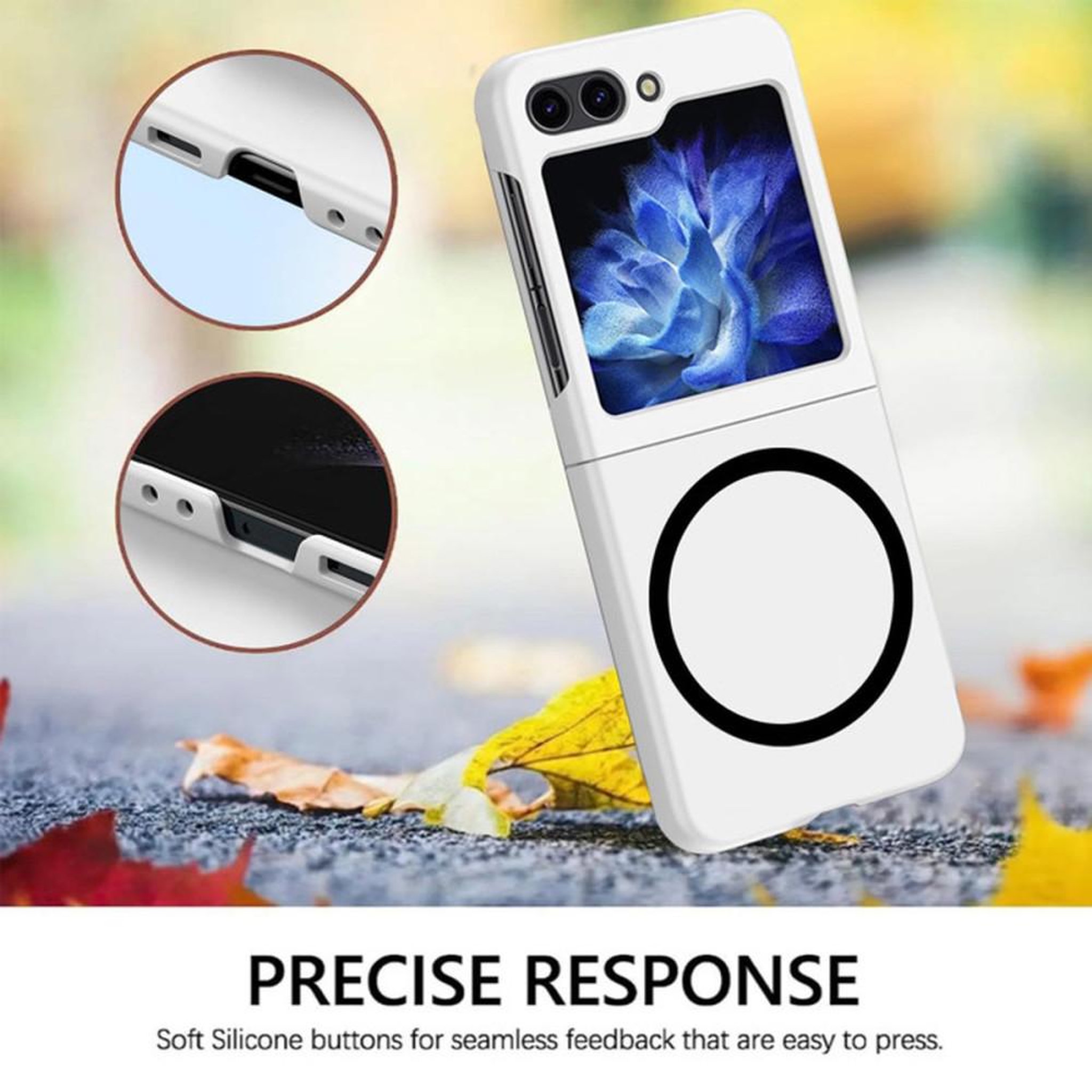 Voir la diapositive 3 : Coque de protection magnétique ultra-fine grise pour Samsung Galaxy Z Flip 5, anti-rayures, anti-traces, recharge sans fil compatible, découpe caméras arrière et boutons silicone