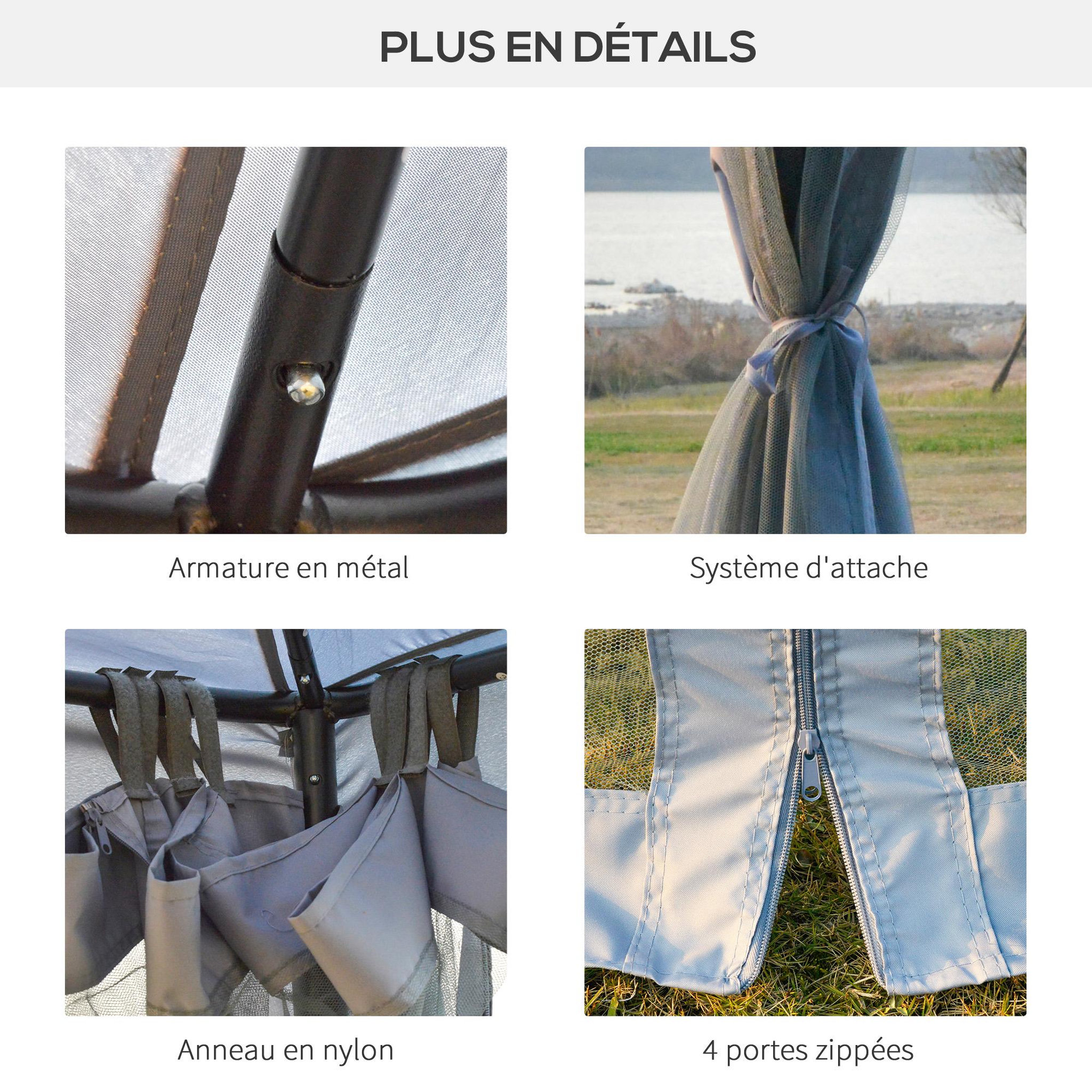 Voir la diapositive 6 : OUTSUNNY Pavillon de jardin tonnelle barnum style colonial double toit toiles moustiquaires amovibles zippées gris