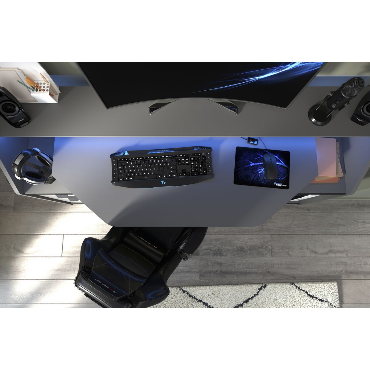 Bureau droit spécial gaming avec large plateau et leds L180cm GAMER
