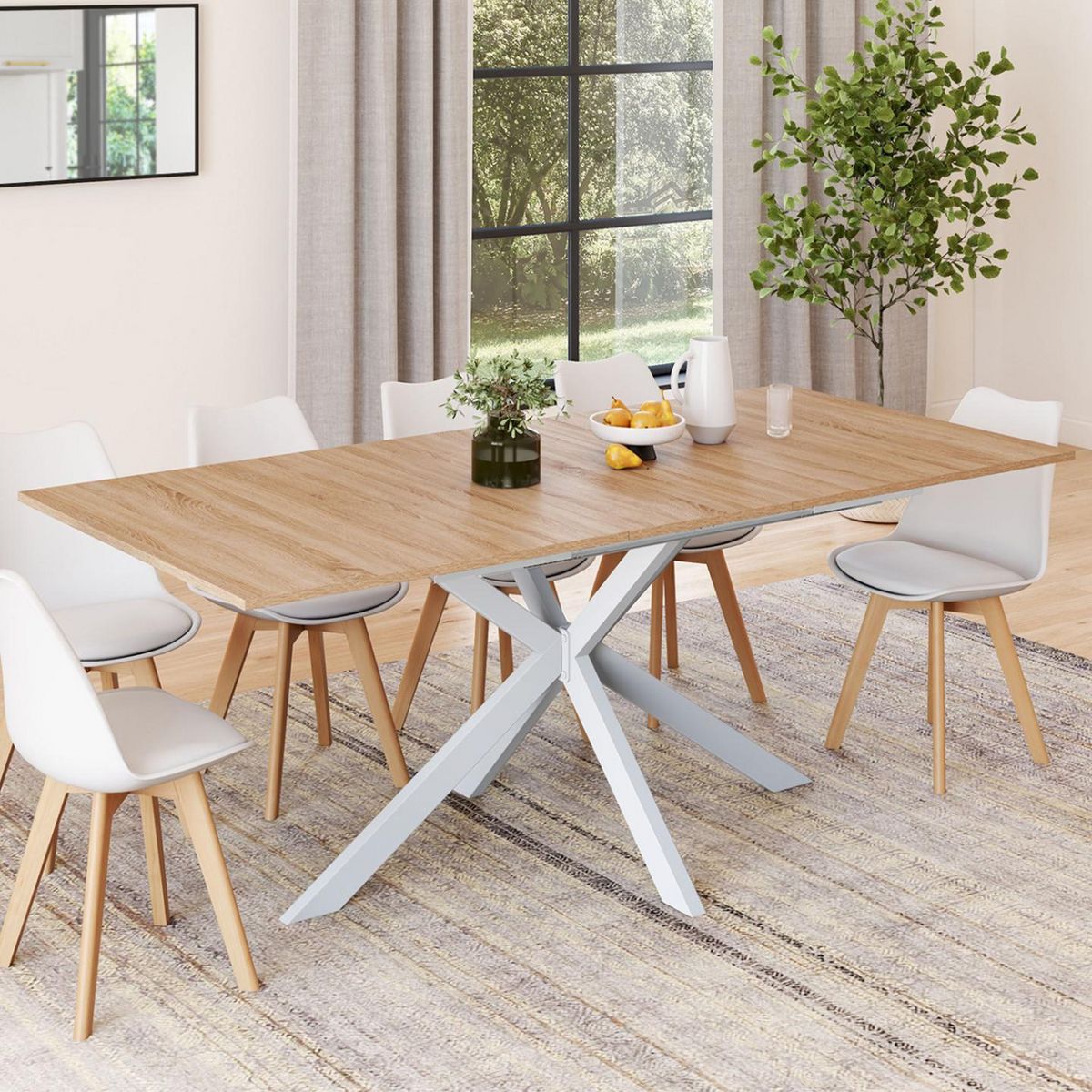 ID MARKET Table à manger extensible rectangle ALIX 6-10 personnes bois et blanc 160-200 cm