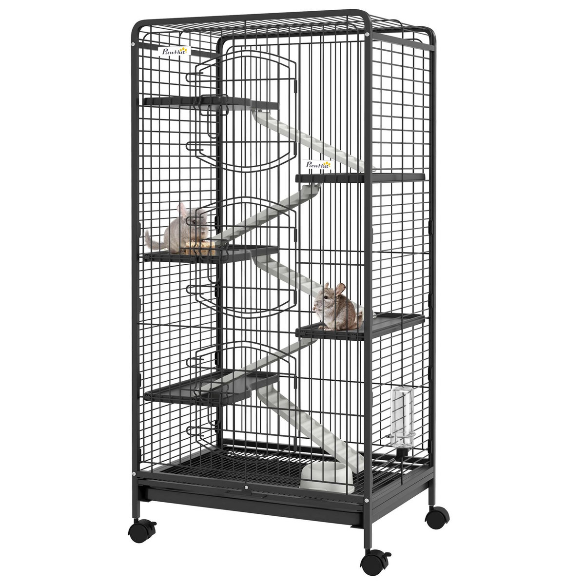 PAWHUT Cage pour petits animaux roulante 5 rampes 5 plateformes gamelle distributeur eau plateau amovible métal PP noir
