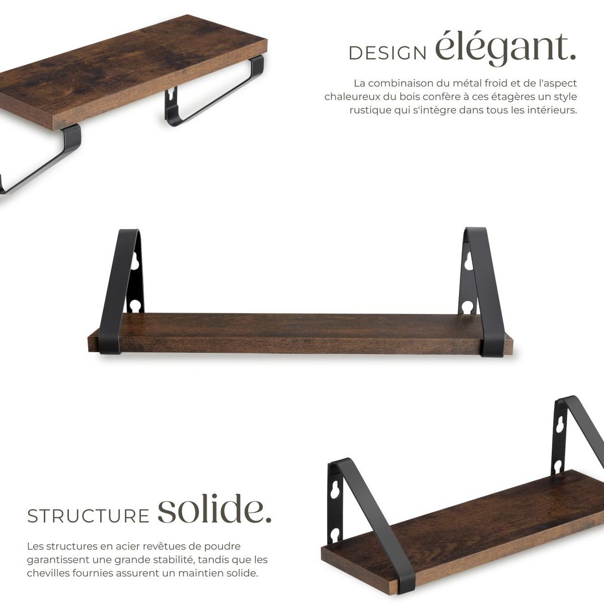 tectake Lot de 3 étagères murales design style industriel Bois foncé industriel, rustique