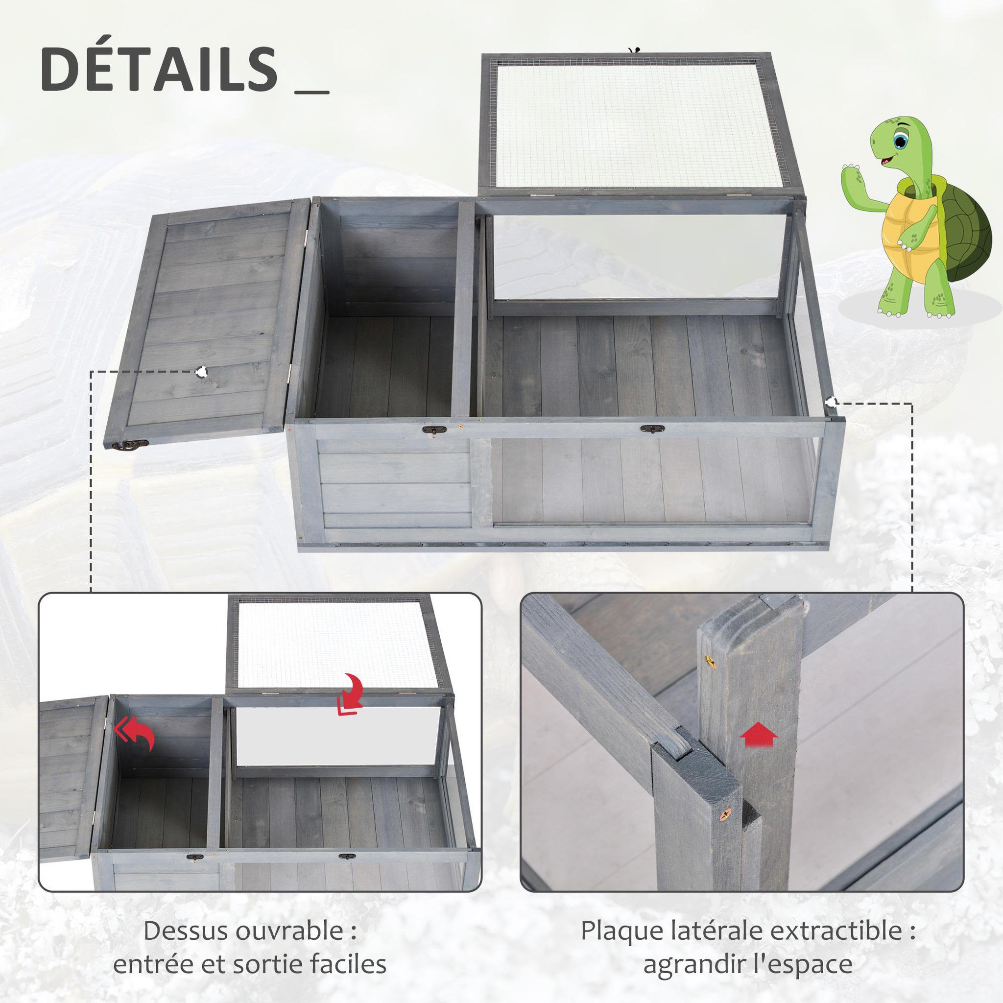 Voir la diapositive 6 : PAWHUT Enclos pour tortue - parc pour tortue - niche, enclos extérieur, toits ouvrants verrouillables - plexiglas métal sapin gris
