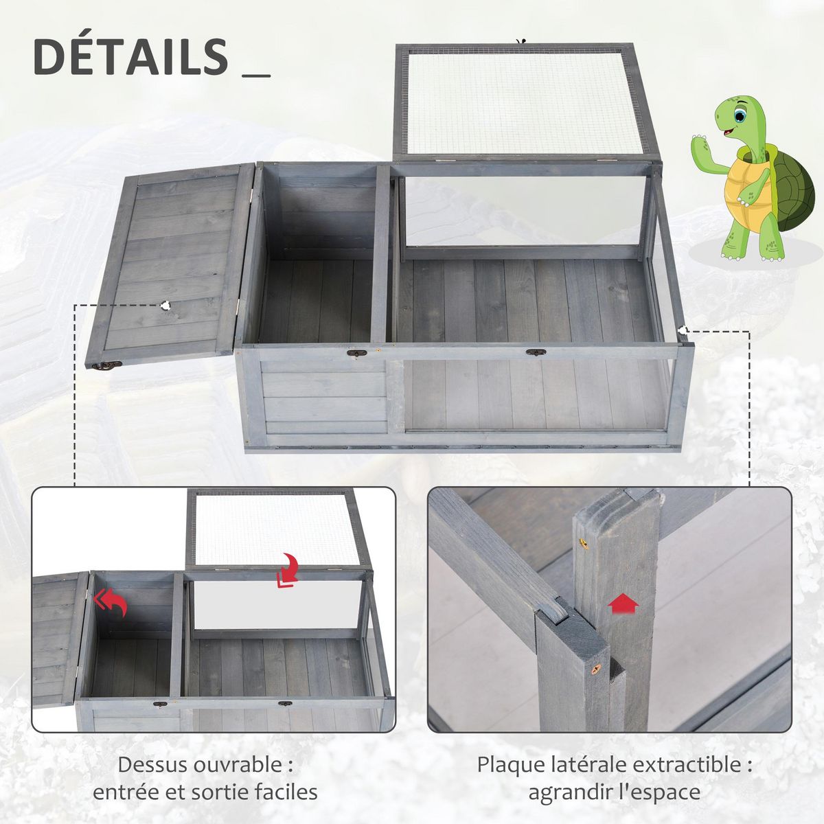 PAWHUT Enclos pour tortue - parc pour tortue - niche, enclos extérieur, toits ouvrants verrouillables - plexiglas métal sapin gris