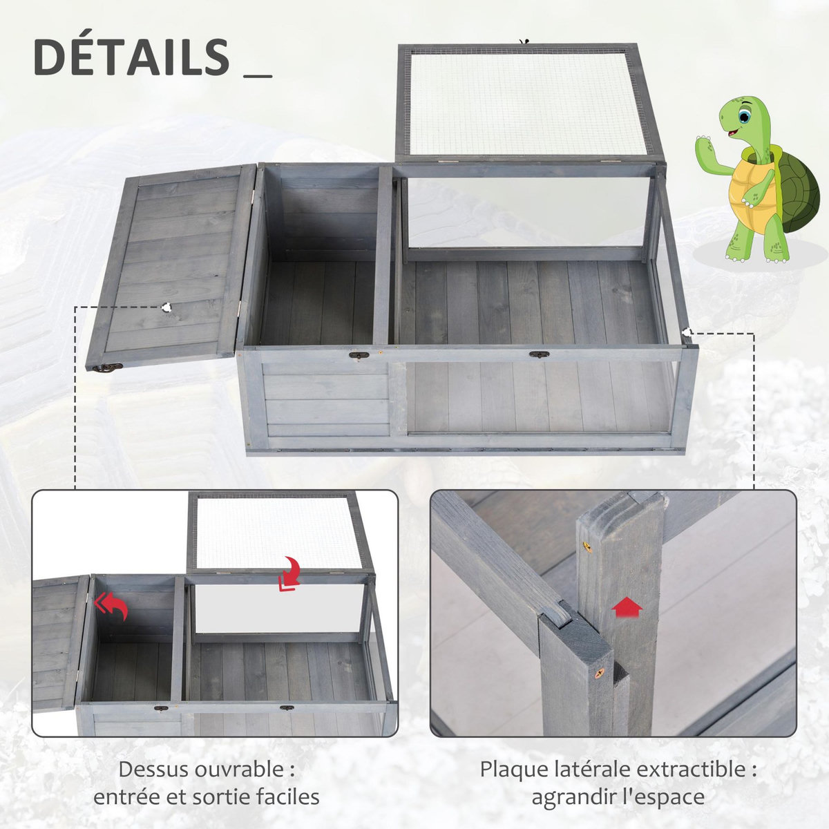 PAWHUT Enclos pour tortue - parc pour tortue - niche, enclos extérieur, toits ouvrants verrouillables - plexiglas métal sapin gris