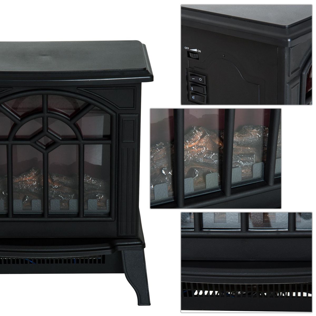 HOMCOM Cheminée électrique poêle style rétro 900-1800 W simulation flammes LED porte noir