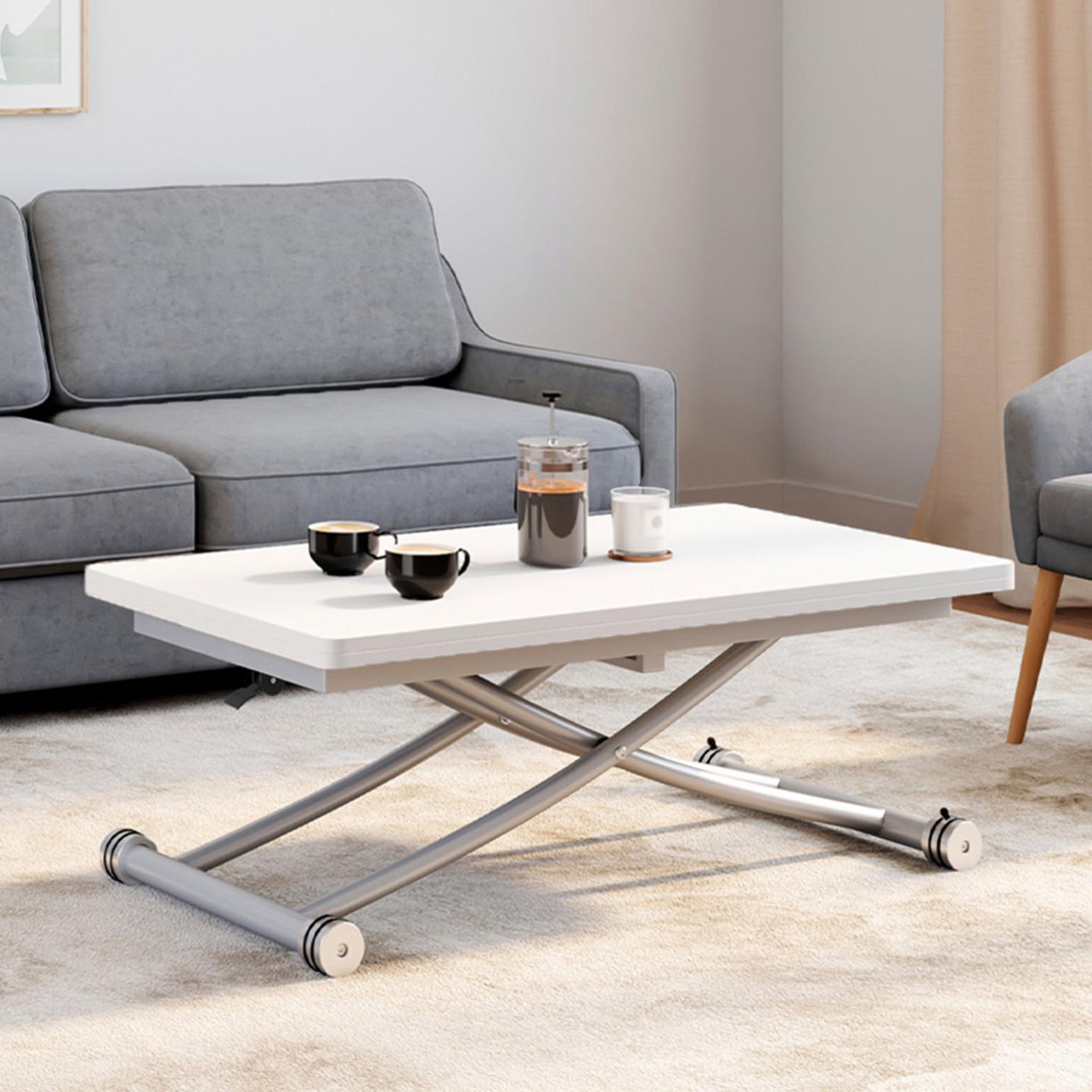 Voir la diapositive 2 : ID MARKET Table basse 2 en 1 relevable en table à manger rectangulaire urbana 100 cm blanc pied gris chromé