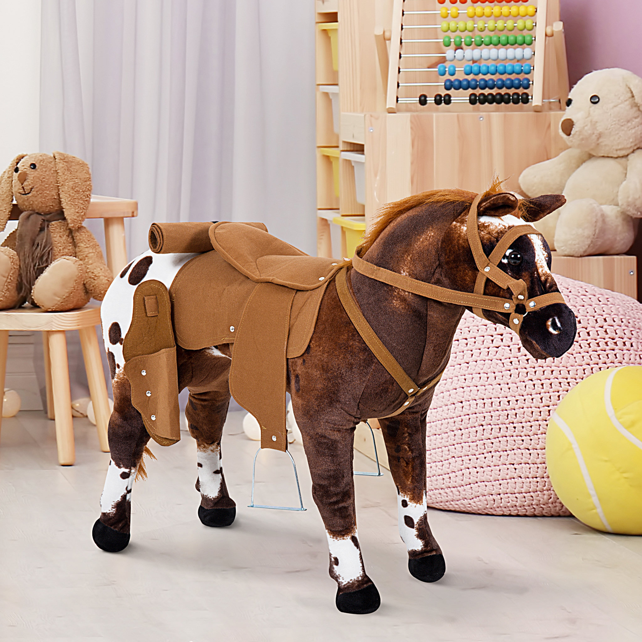 Voir la diapositive 2 : HOMCOM Cheval debout en peluche effets sonores hennissement et galop selle étrier rênes 85L x 28l x 60H marron blanc