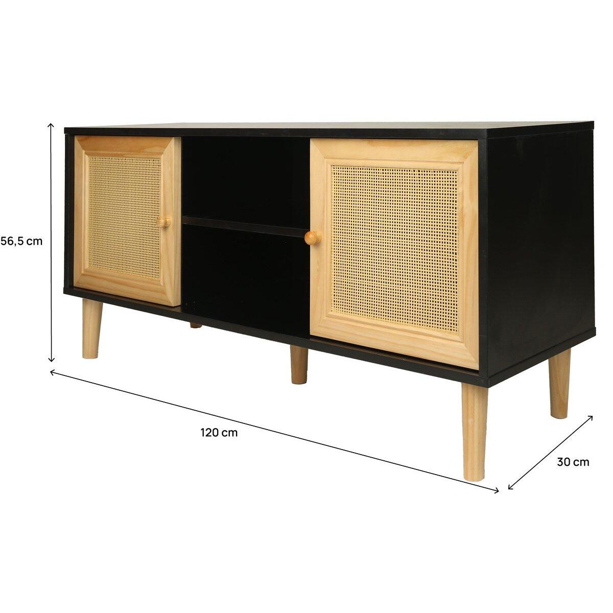 Habitat et Jardin Meuble TV scandinave en cannage  Iguane  - 120 x 30 x 56.5 cm - Noir