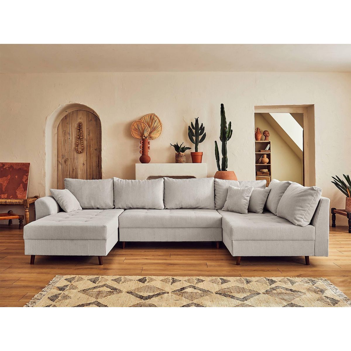 LISA DESIGN Rune - canapé panoramique d'angle droit - 7 places - avec pouf d'appoint - en velours côtelé