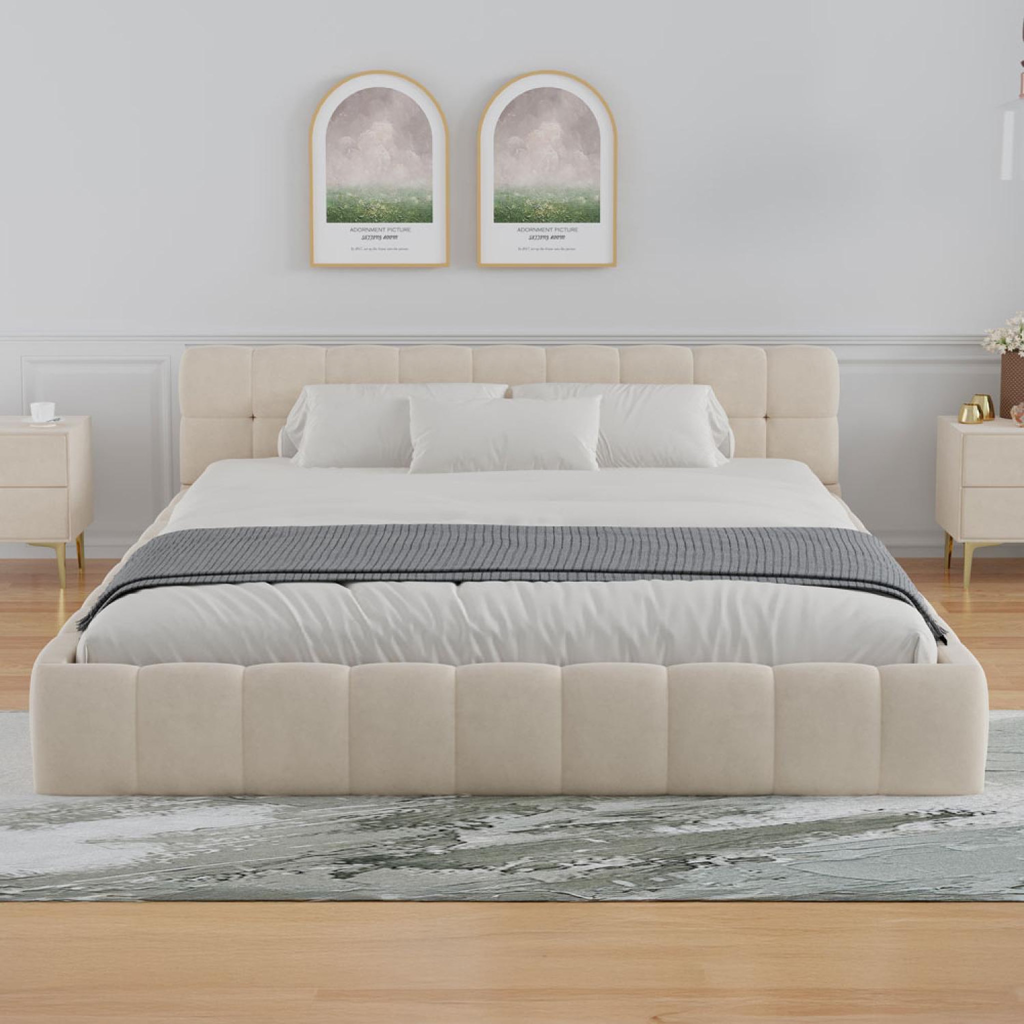 Voir la diapositive 3 : CONCEPT USINE Lit style nuage 160x200cm en velours beige kansas