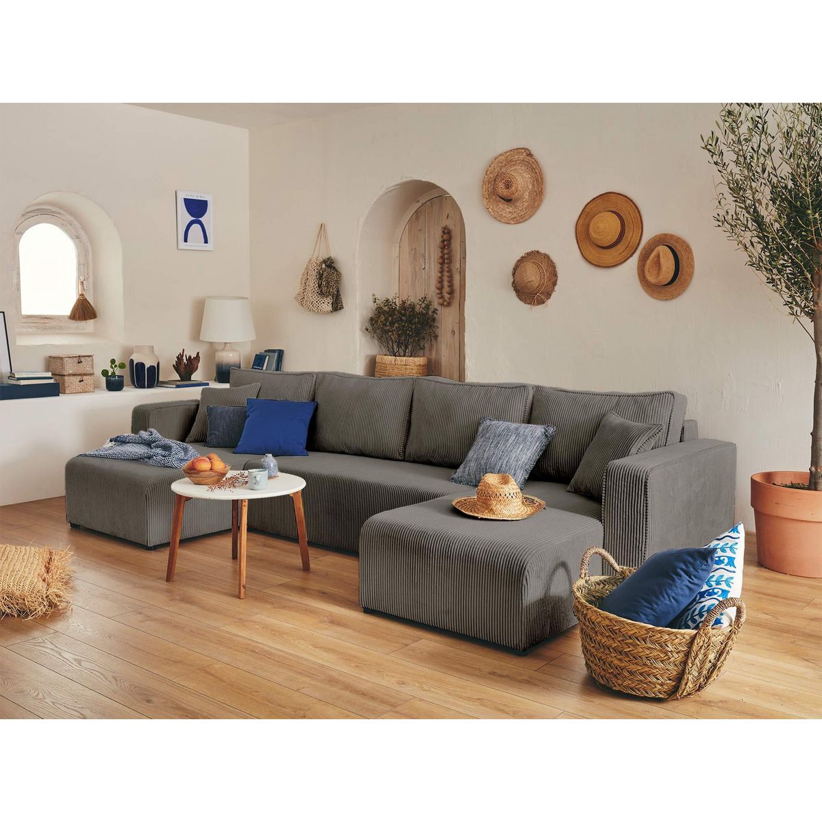 BEST MOBILIER Topaze - canapé panoramique en u - 7 places - convertible avec coffre - en velours côtelé