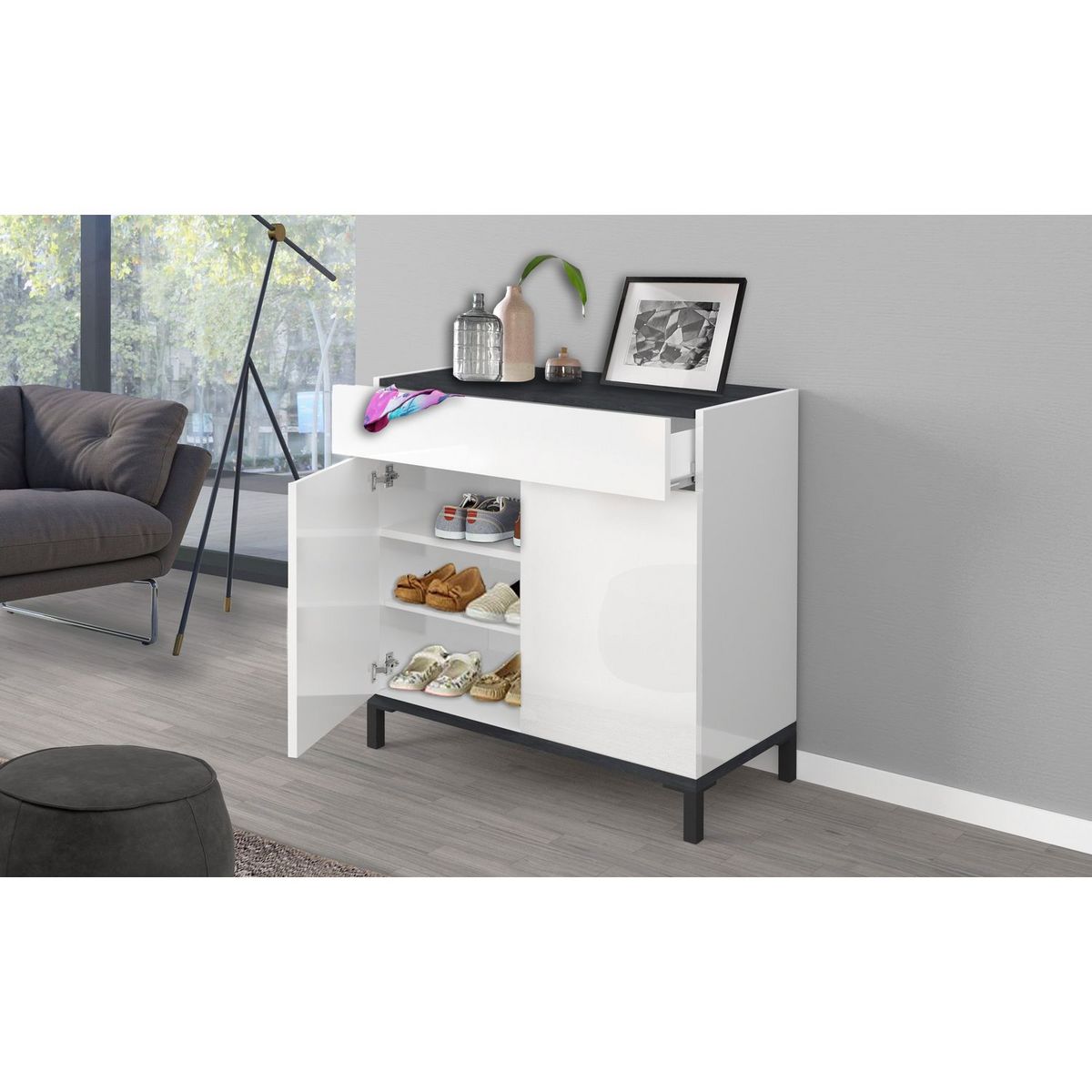 Commode meuble à chaussures 2 portes 1 tiroir L80cm BARI